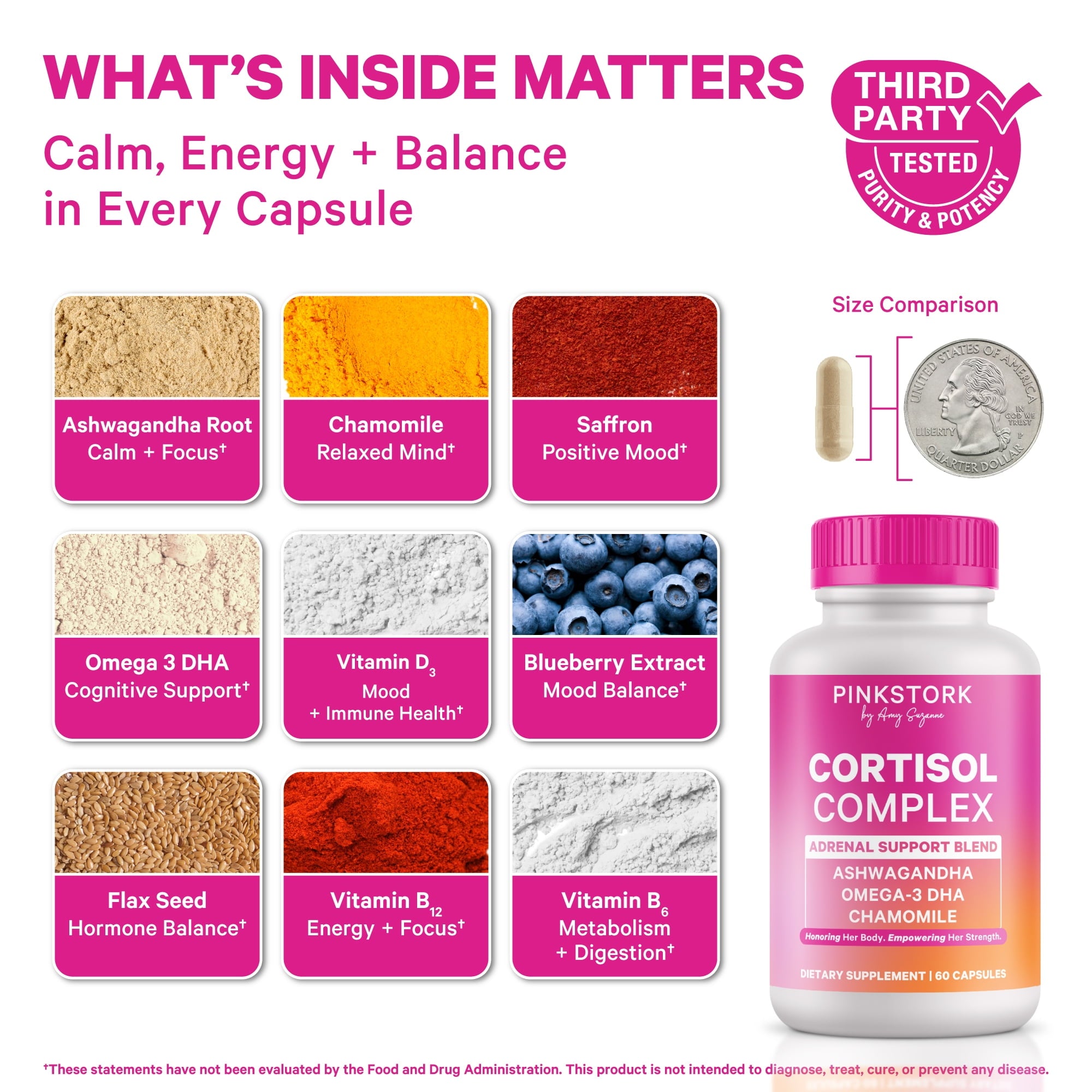 Pink Stork Cortisol Complex: Organic Ashwagandha, Omega 3 DHA, Chamomile - Mood and Stress Management for Women - 60 Count