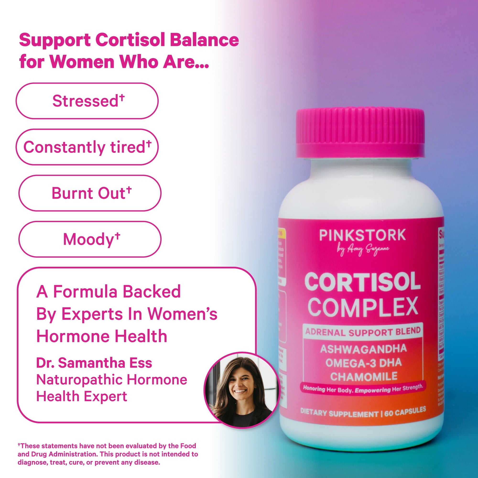Pink Stork Cortisol Complex: Organic Ashwagandha, Omega 3 DHA, Chamomile - Mood and Stress Management for Women - 60 Count