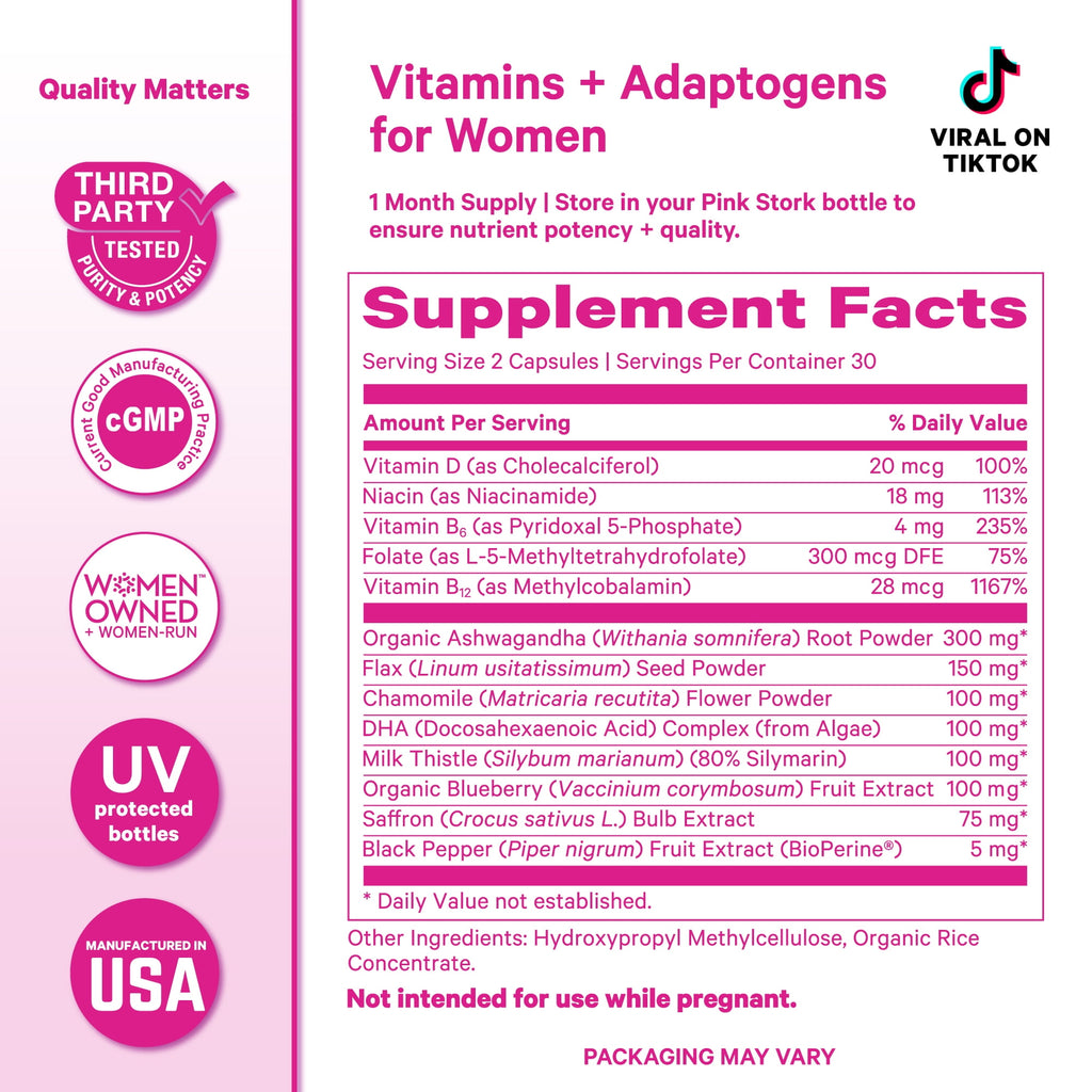 Pink Stork Cortisol Complex: Organic Ashwagandha, Omega 3 DHA, Chamomile - Mood and Stress Management for Women - 60 Count