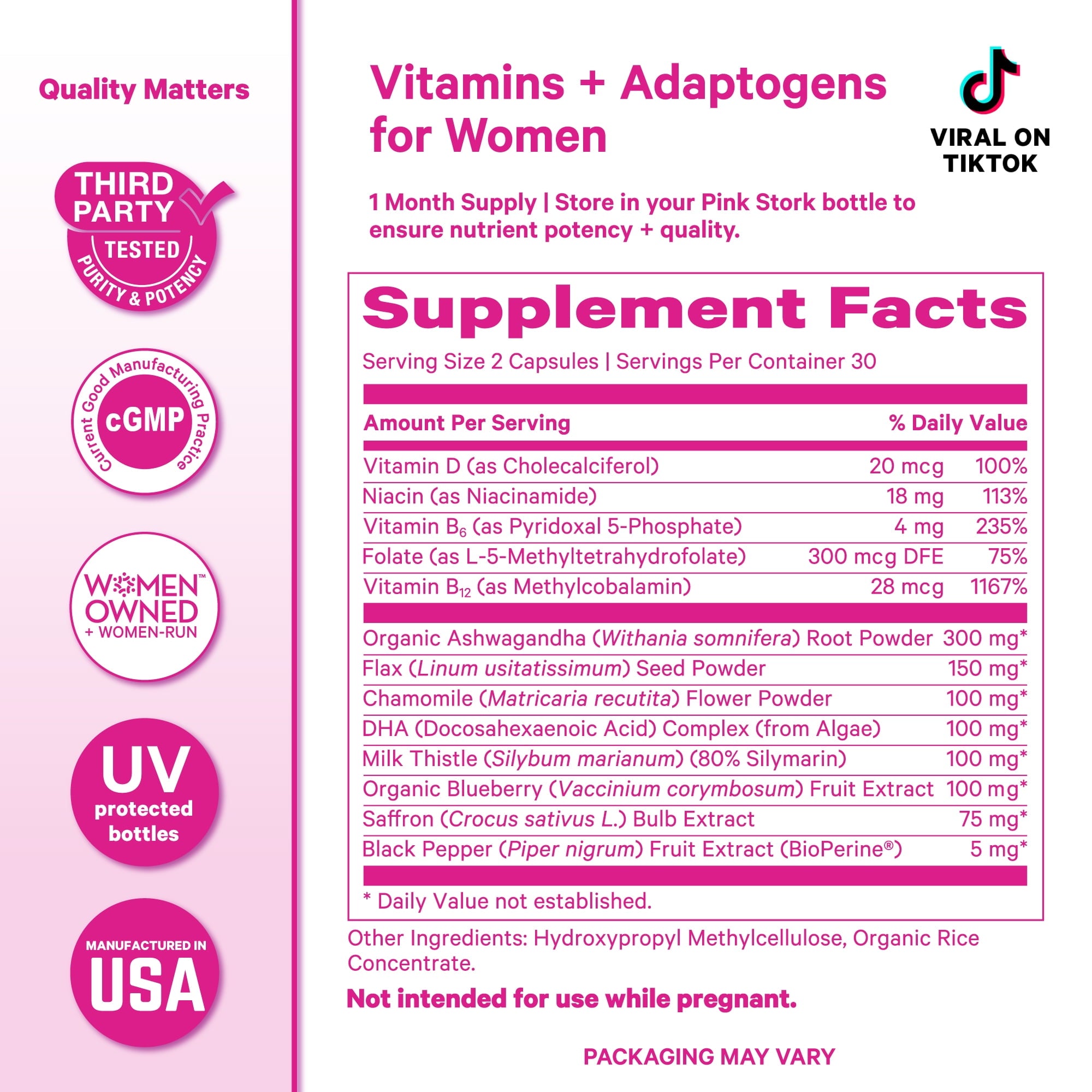 Pink Stork Cortisol Complex: Organic Ashwagandha, Omega 3 DHA, Chamomile - Mood and Stress Management for Women - 60 Count