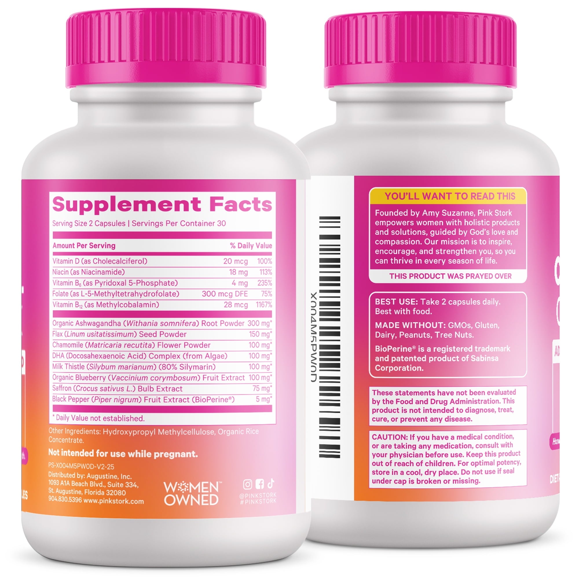Pink Stork Cortisol Complex: Organic Ashwagandha, Omega 3 DHA, Chamomile - Mood and Stress Management for Women - 60 Count