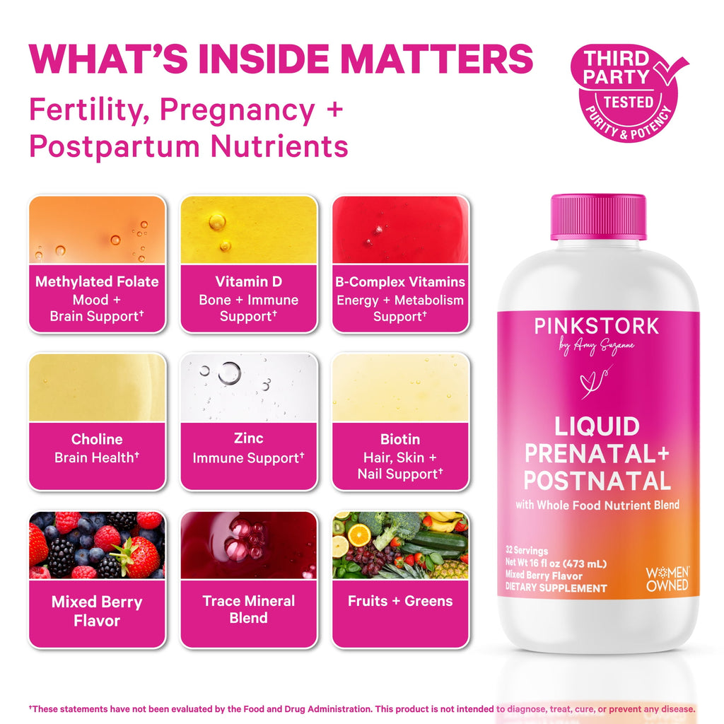Pink Stork Liquid Prenatal Vitamin with Organic Whole Food Blend, Folate, Iron, Zinc - 32 Servings, 16 fl oz