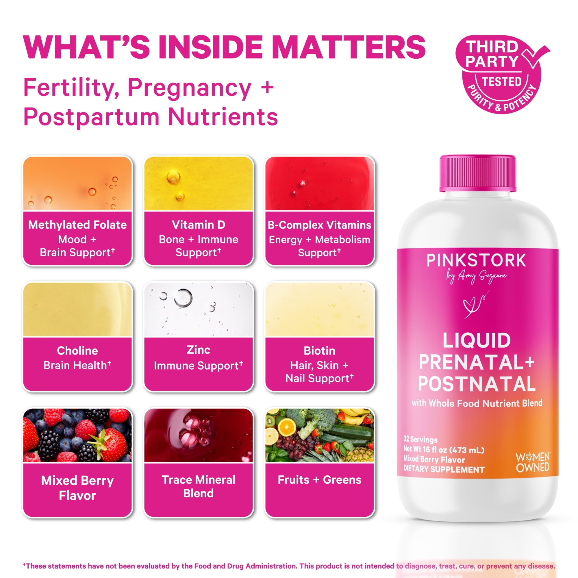 Pink Stork Liquid Prenatal Vitamin with Organic Whole Food Blend, Folate, Iron, Zinc - 32 Servings, 16 fl oz