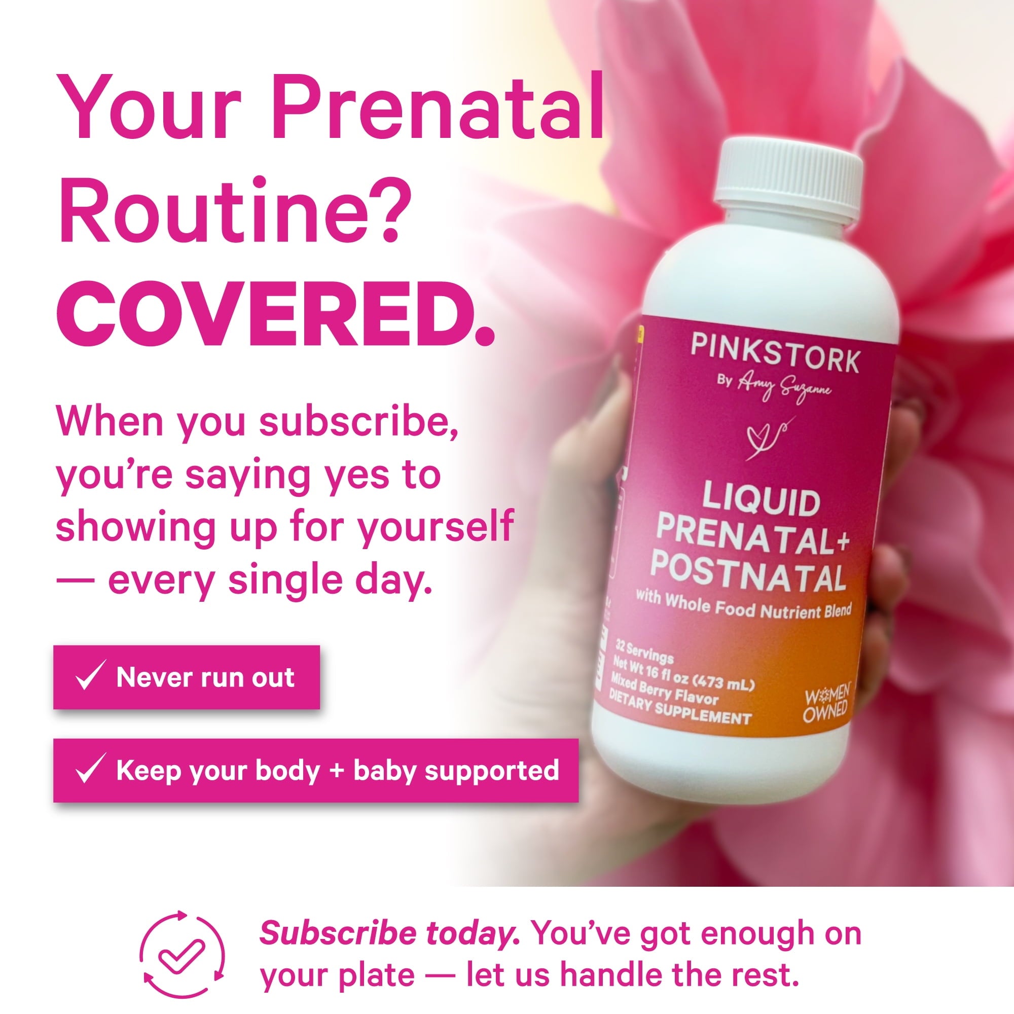 Pink Stork Liquid Prenatal Vitamin with Organic Whole Food Blend, Folate, Iron, Zinc - 32 Servings, 16 fl oz
