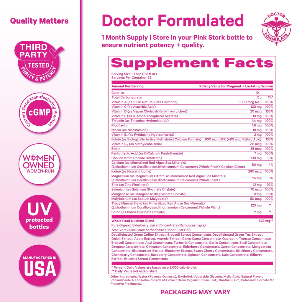 Pink Stork Liquid Prenatal Vitamin with Organic Whole Food Blend, Folate, Iron, Zinc - 32 Servings, 16 fl oz