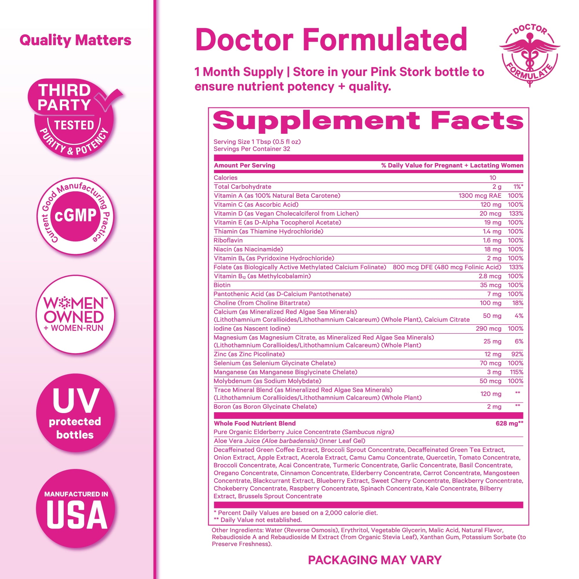 Pink Stork Liquid Prenatal Vitamin with Organic Whole Food Blend, Folate, Iron, Zinc - 32 Servings, 16 fl oz