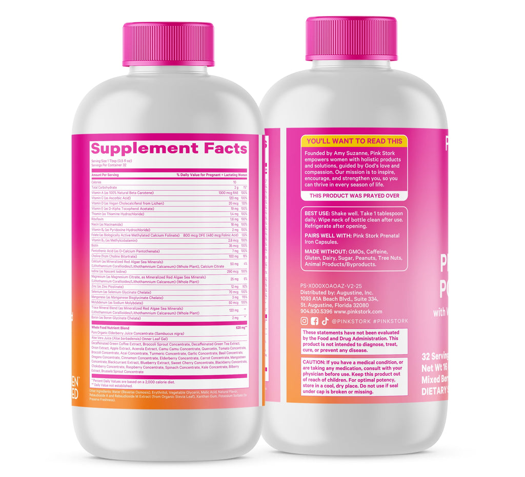 Pink Stork Liquid Prenatal Vitamin with Organic Whole Food Blend, Folate, Iron, Zinc - 32 Servings, 16 fl oz