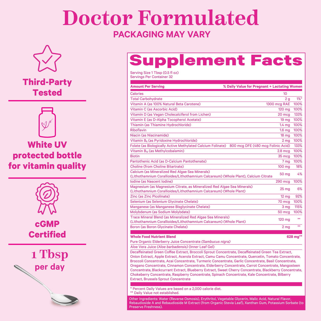 Pink Stork Liquid Prenatal Vitamin with Organic Whole Food Blend, Folate, Iron, Zinc - 32 Servings, 16 fl oz