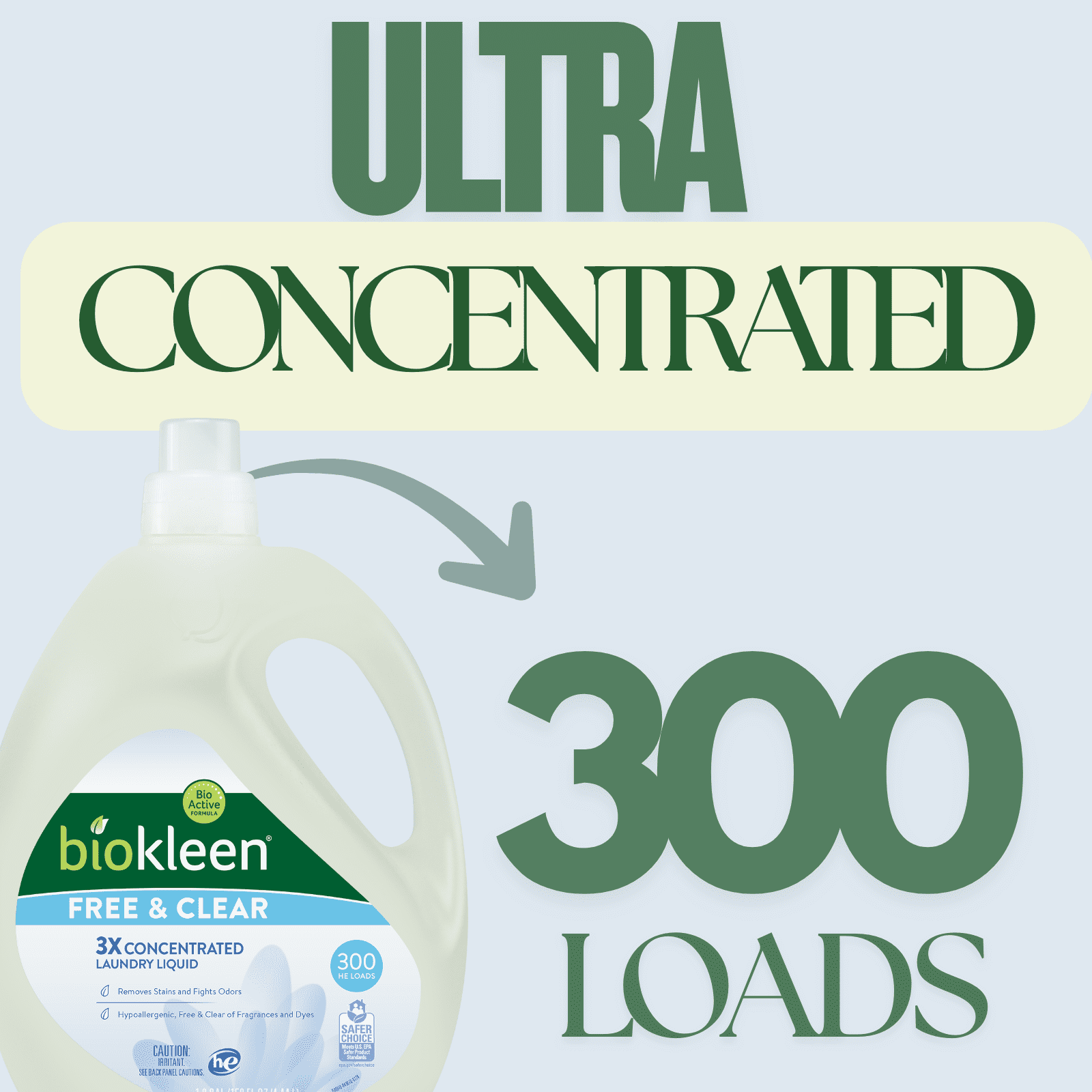 Biokleen Free &amp; Clear Hypoallergenic Liquid Laundry Detergent Soap, Unscented, Gentle on Sensitive Skin - 300 Loads