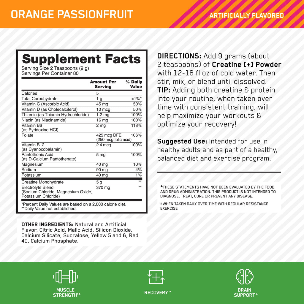Optimum Nutrition Creatine Monohydrate Plus Powder, Orange Passionfruit Flavored Creatine Performance Blend With Electrolytes for Hydration, Added Vitamins, 80 Servings