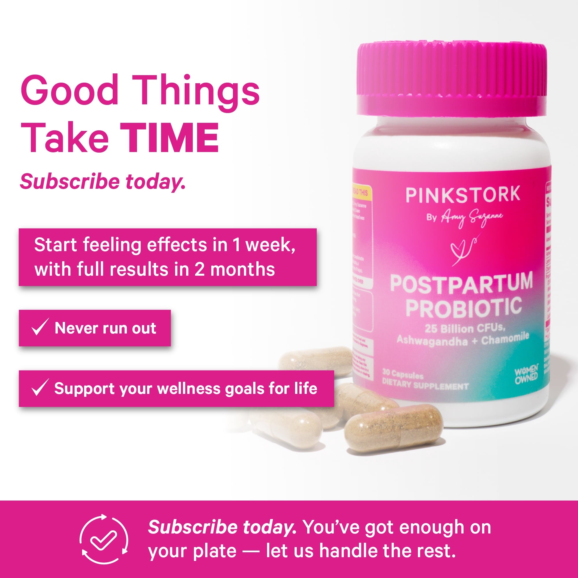 Pink Stork Postpartum Probiotics for Women with Ashwagandha and Chamomile, 30 Capsules