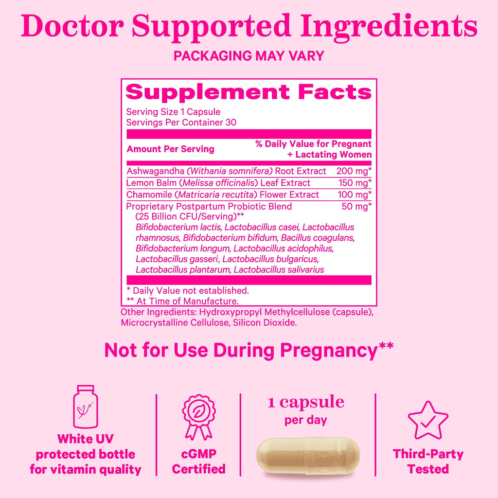 Pink Stork Postpartum Probiotics for Women with Ashwagandha and Chamomile, 30 Capsules