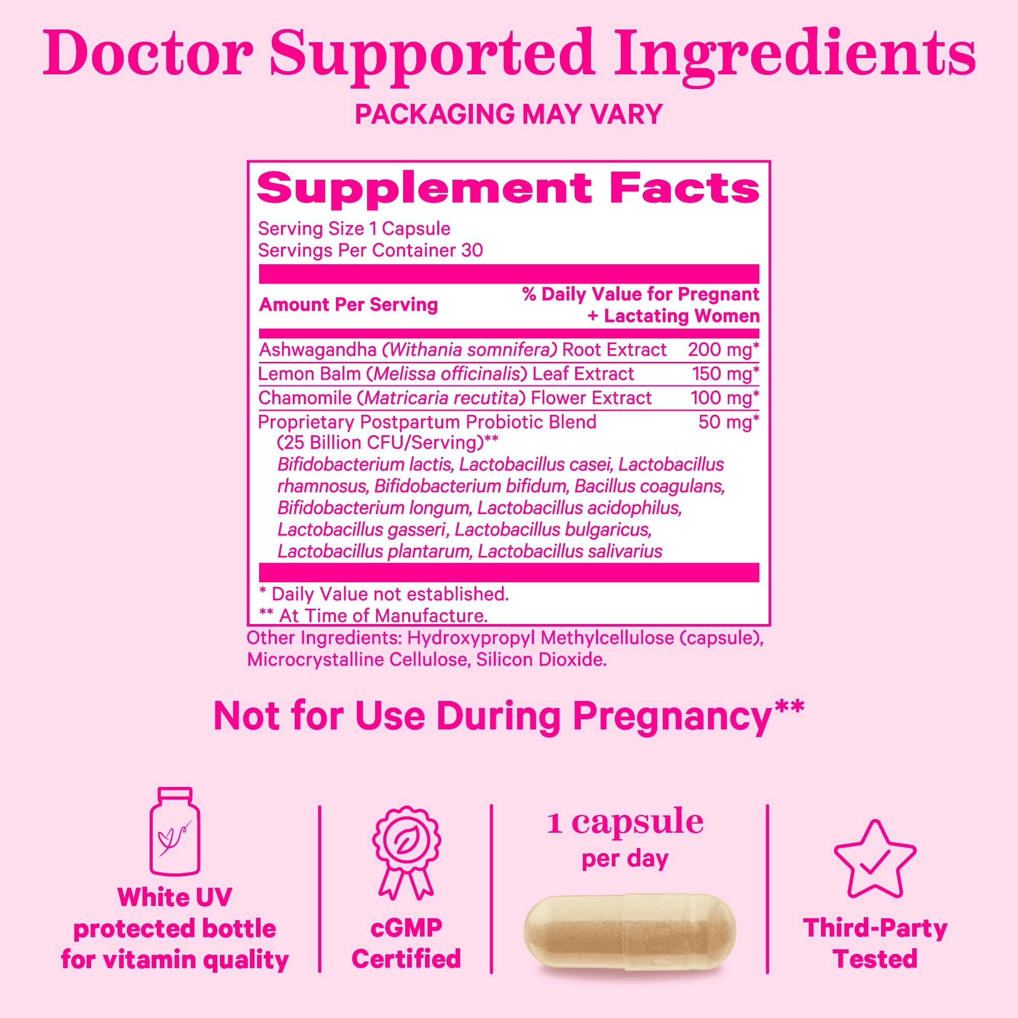 Pink Stork Postpartum Probiotics for Women with Ashwagandha and Chamomile, 30 Capsules