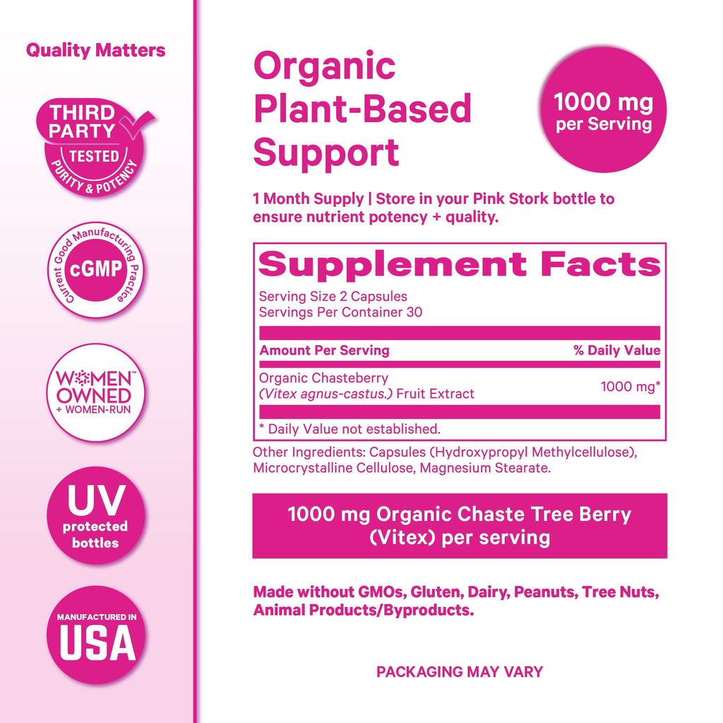 Pink Stork Vitex Chaste Tree Berry Supplement for Hormonal Balance, 60 Count