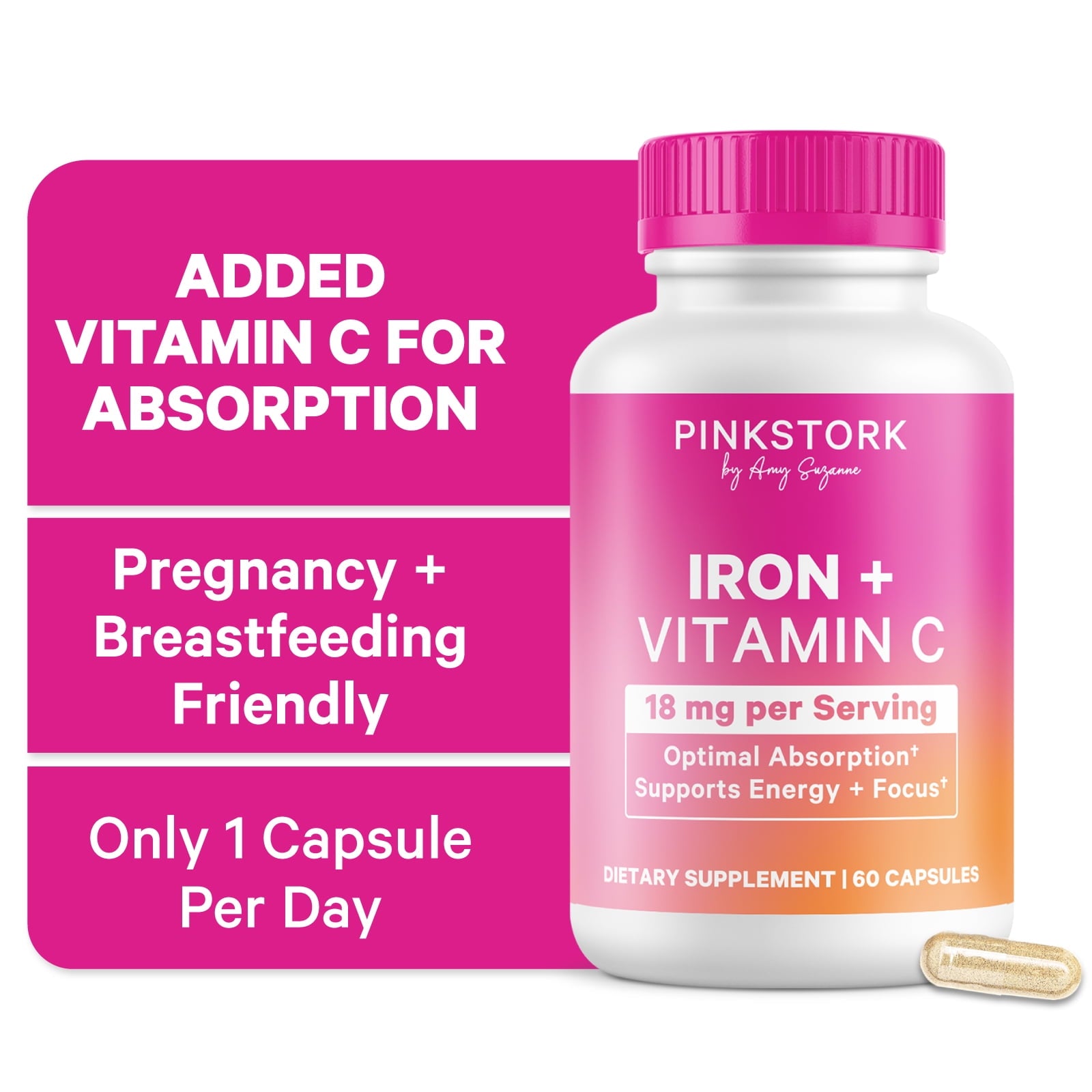 Pink Stork Prenatal Iron Supplement with Vitamin C, 60 Capsules