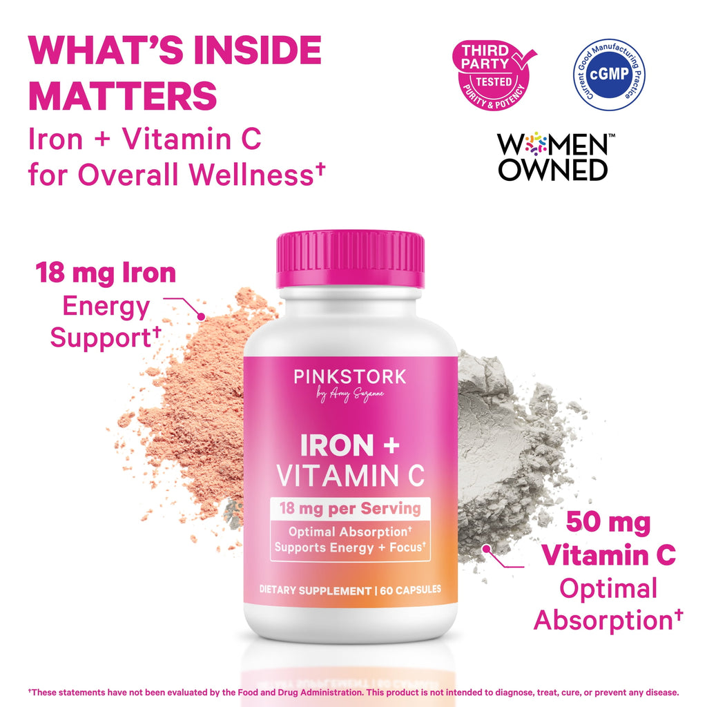 Pink Stork Prenatal Iron Supplement with Vitamin C, 60 Capsules