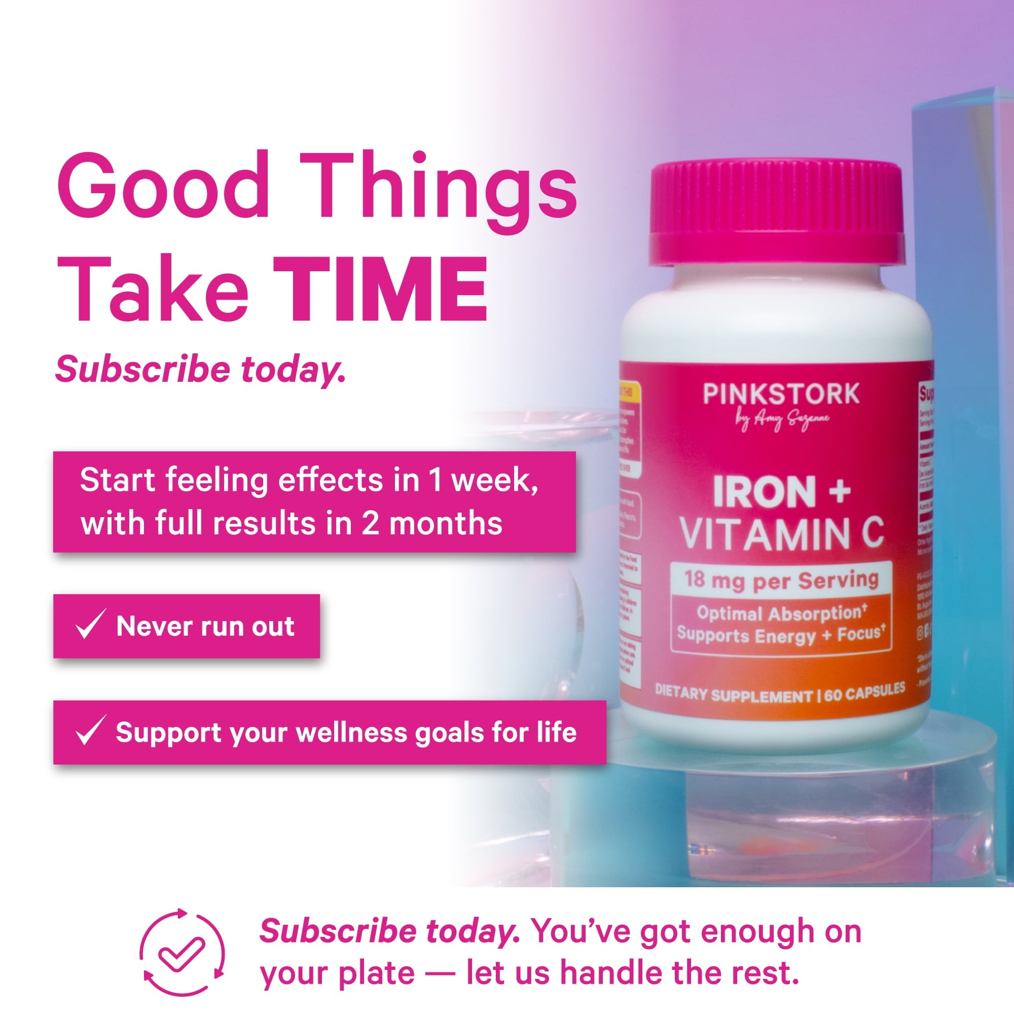 Pink Stork Prenatal Iron Supplement with Vitamin C, 60 Capsules