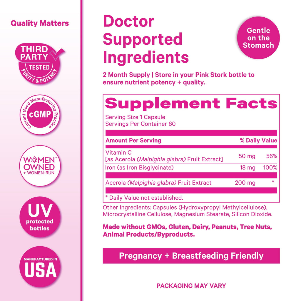 Pink Stork Prenatal Iron Supplement with Vitamin C, 60 Capsules