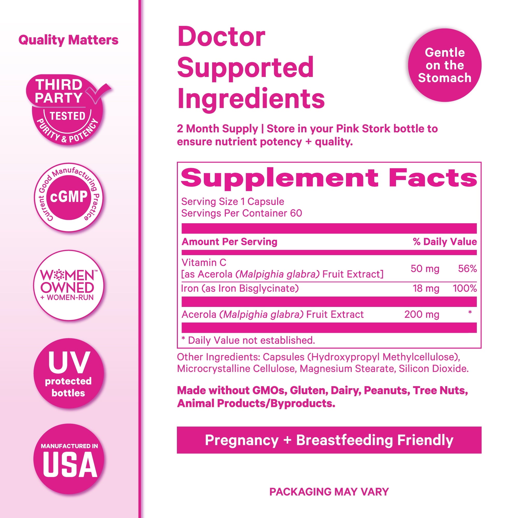 Pink Stork Prenatal Iron Supplement with Vitamin C, 60 Capsules