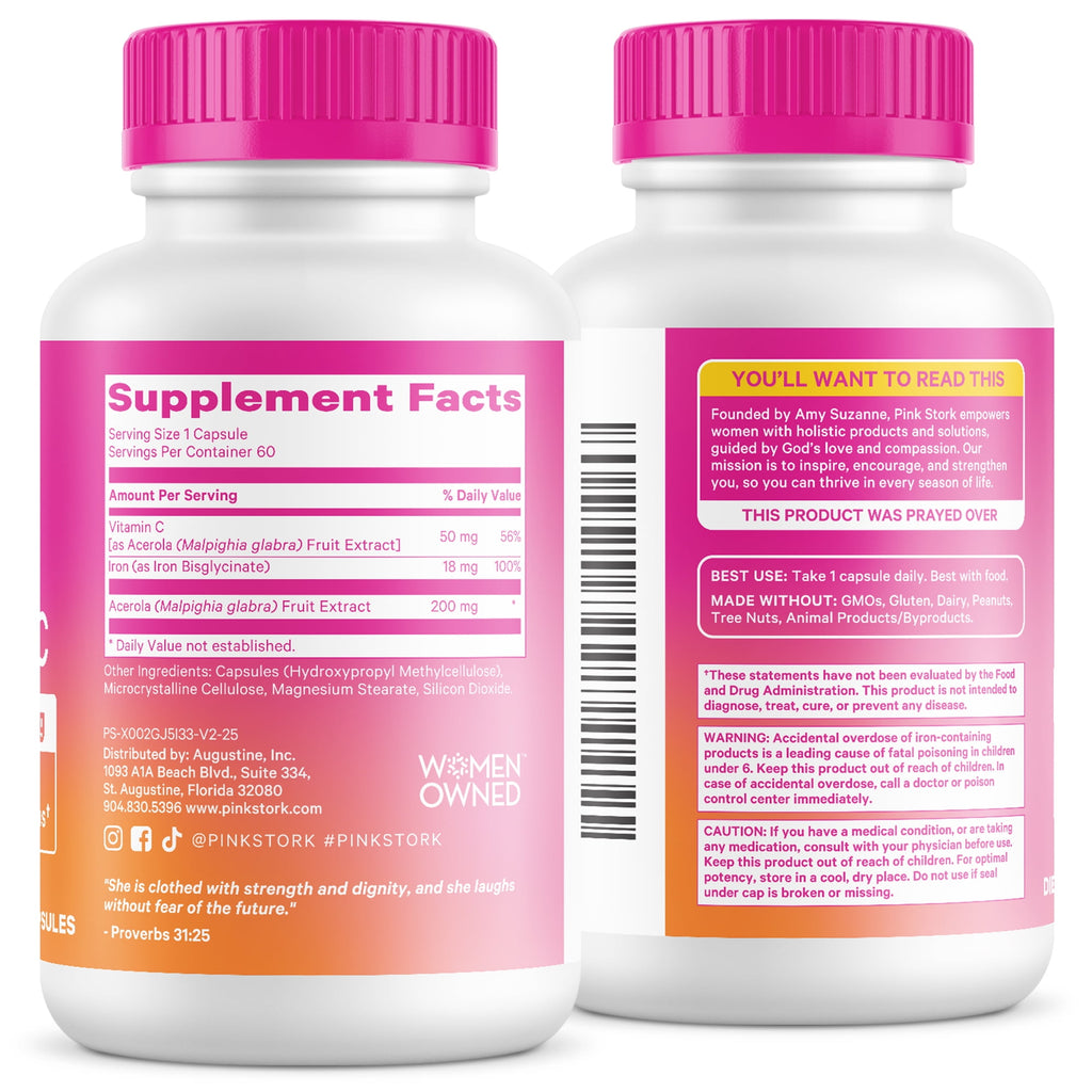 Pink Stork Prenatal Iron Supplement with Vitamin C, 60 Capsules