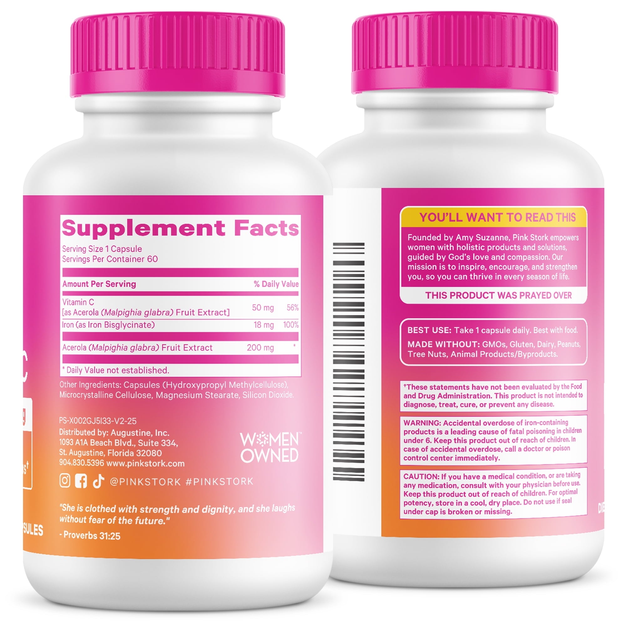 Pink Stork Prenatal Iron Supplement with Vitamin C, 60 Capsules