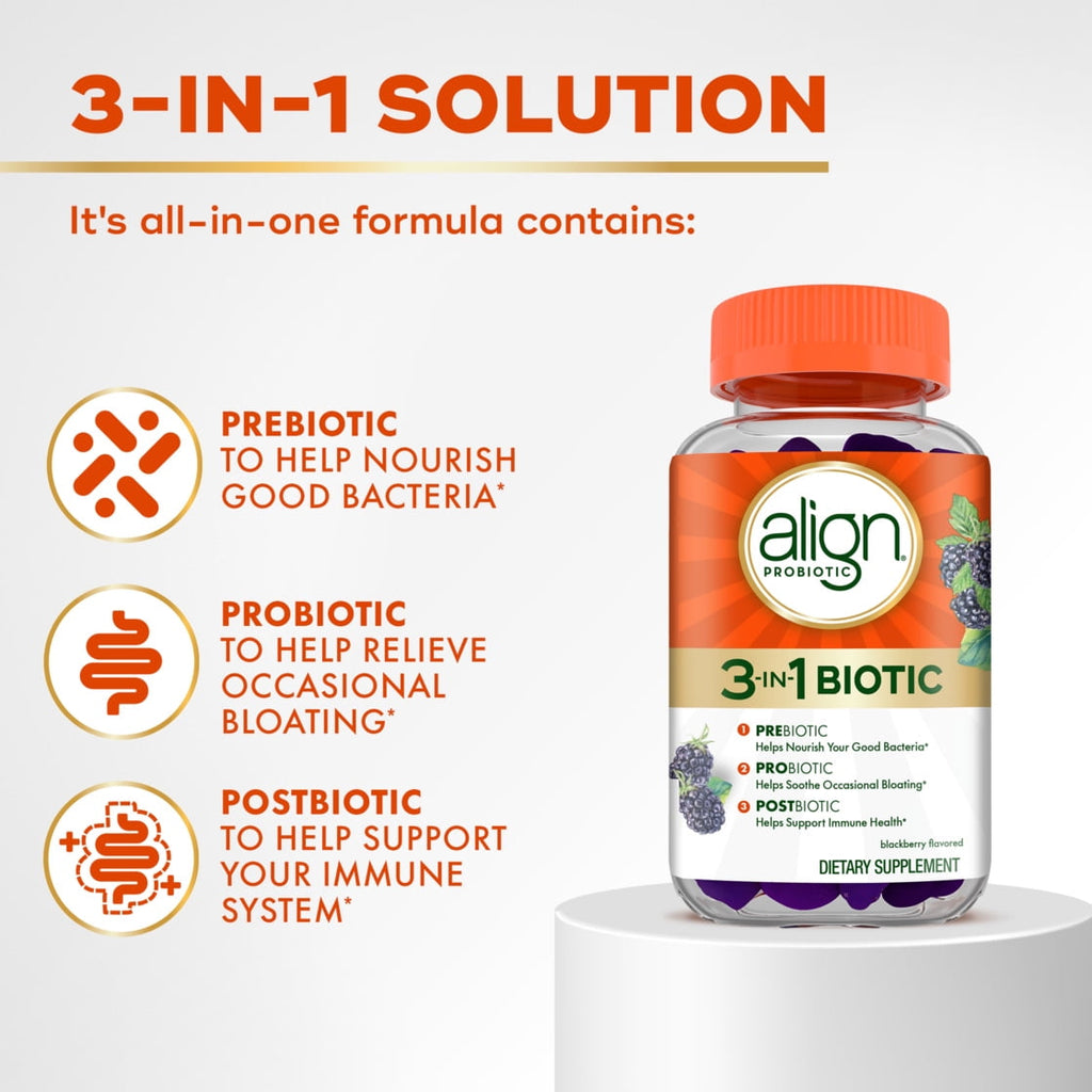 Align Probiotic, 3-in-1 Biotic Gummies, Prebiotic + Probiotic + Postbiotic, Probiotics for Women, Helps Relieve Occasional Bloating*, Blackberry Flavor, 50 Gummies