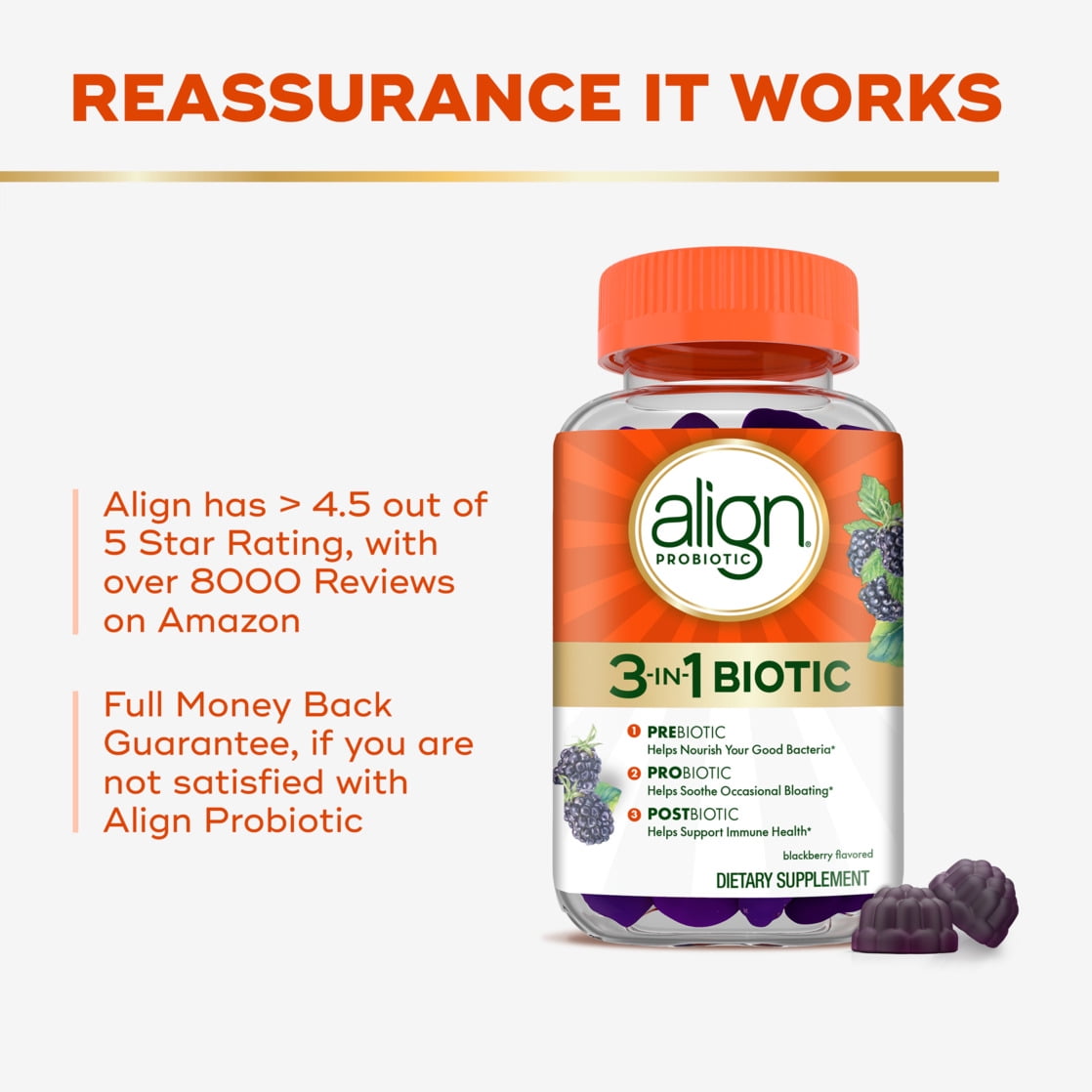 Align Probiotic, 3-in-1 Biotic Gummies, Prebiotic + Probiotic + Postbiotic, Probiotics for Women, Helps Relieve Occasional Bloating*, Blackberry Flavor, 50 Gummies