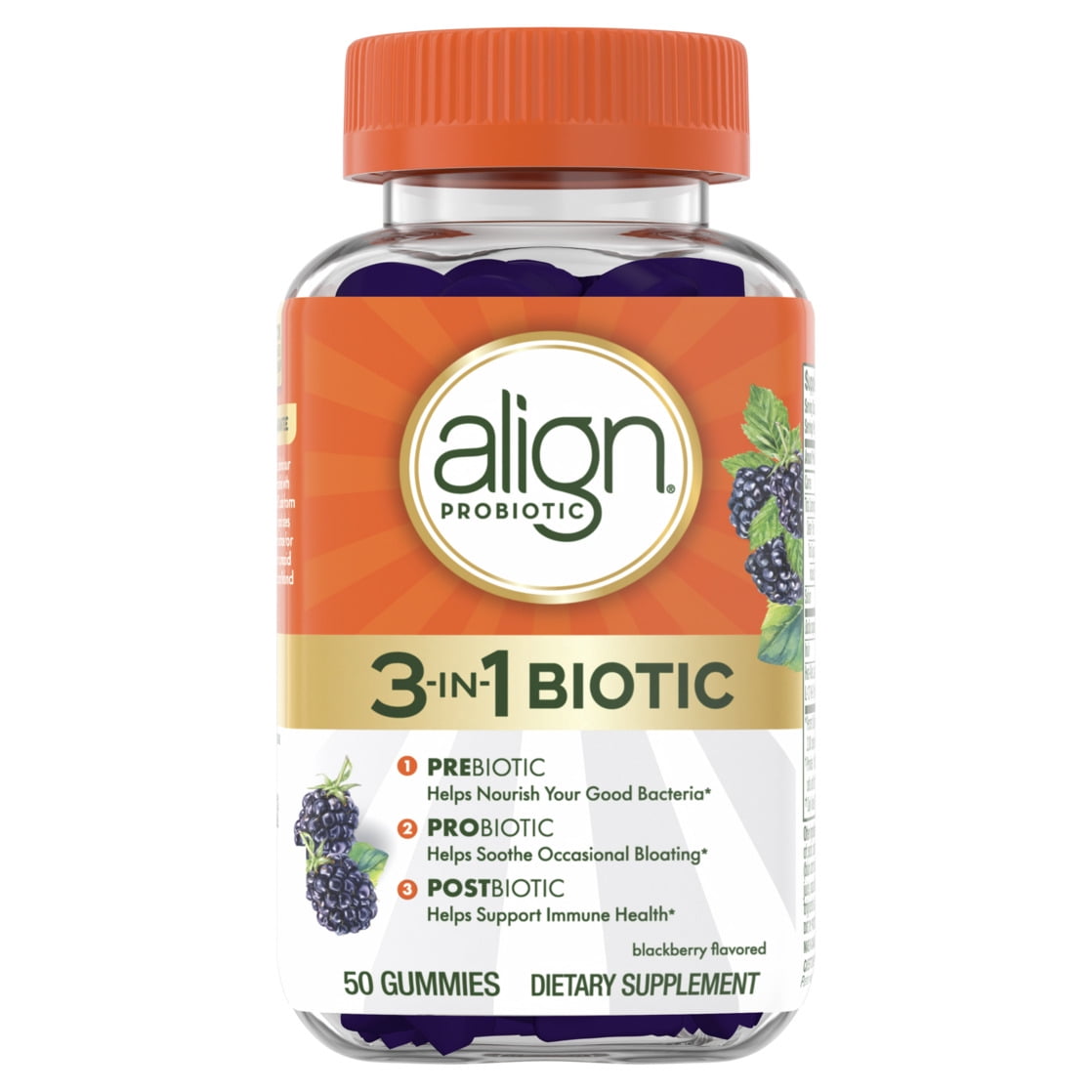 Align Probiotic, 3-in-1 Biotic Gummies, Prebiotic + Probiotic + Postbiotic, Probiotics for Women, Helps Relieve Occasional Bloating*, Blackberry Flavor, 50 Gummies