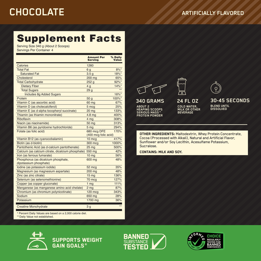Optimum Nutrition Serious Mass, Chocolate, Weight Gainer Protein Powder, Mass Gainer, 3 lb