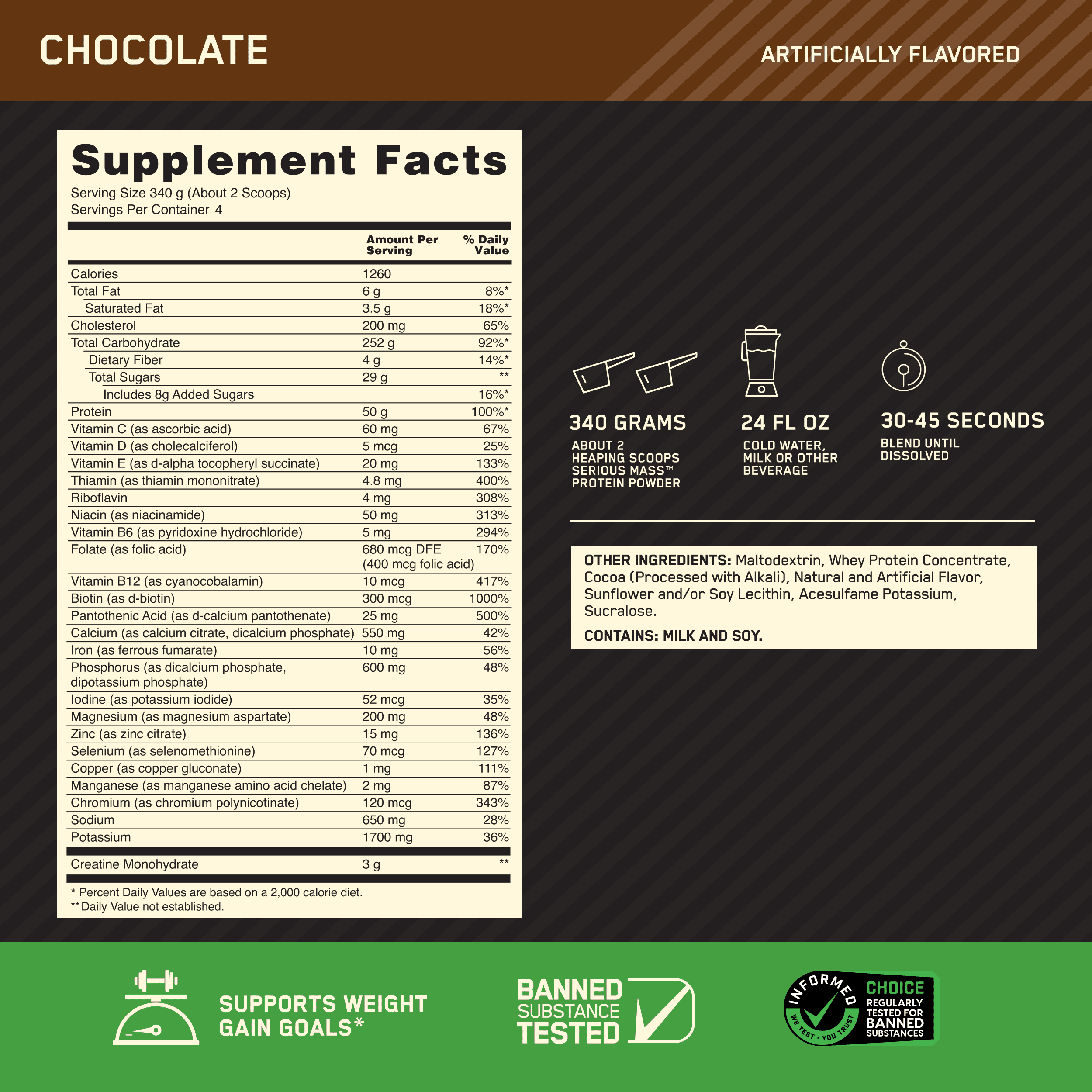Optimum Nutrition Serious Mass, Chocolate, Weight Gainer Protein Powder, Mass Gainer, 3 lb