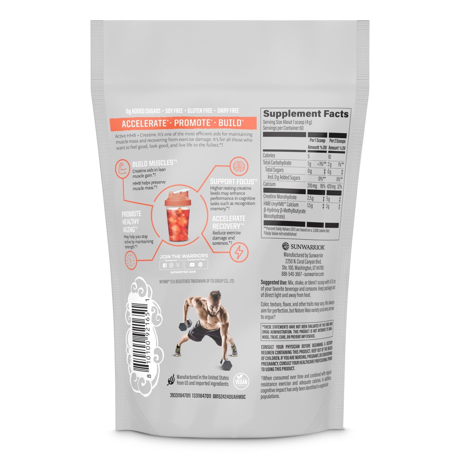 Sunwarrior Active HMB + Creatine Monohydrate Powder, Muscle Recovery Supplement, Unflavored, 8.46 oz