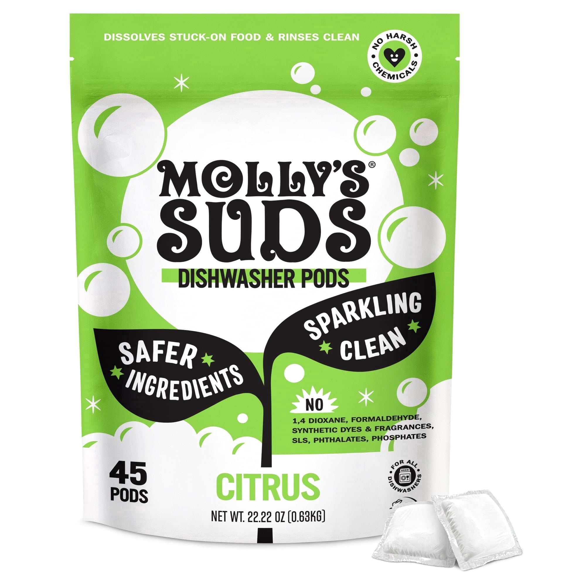 Molly's Suds Dishwasher Pods, Natural Dishwasher Detergent, Cuts Grease &amp; Rinses Clean (Residue-Free) for Sparkling Dishes, 45 Auto-Release Tabs (Citrus)