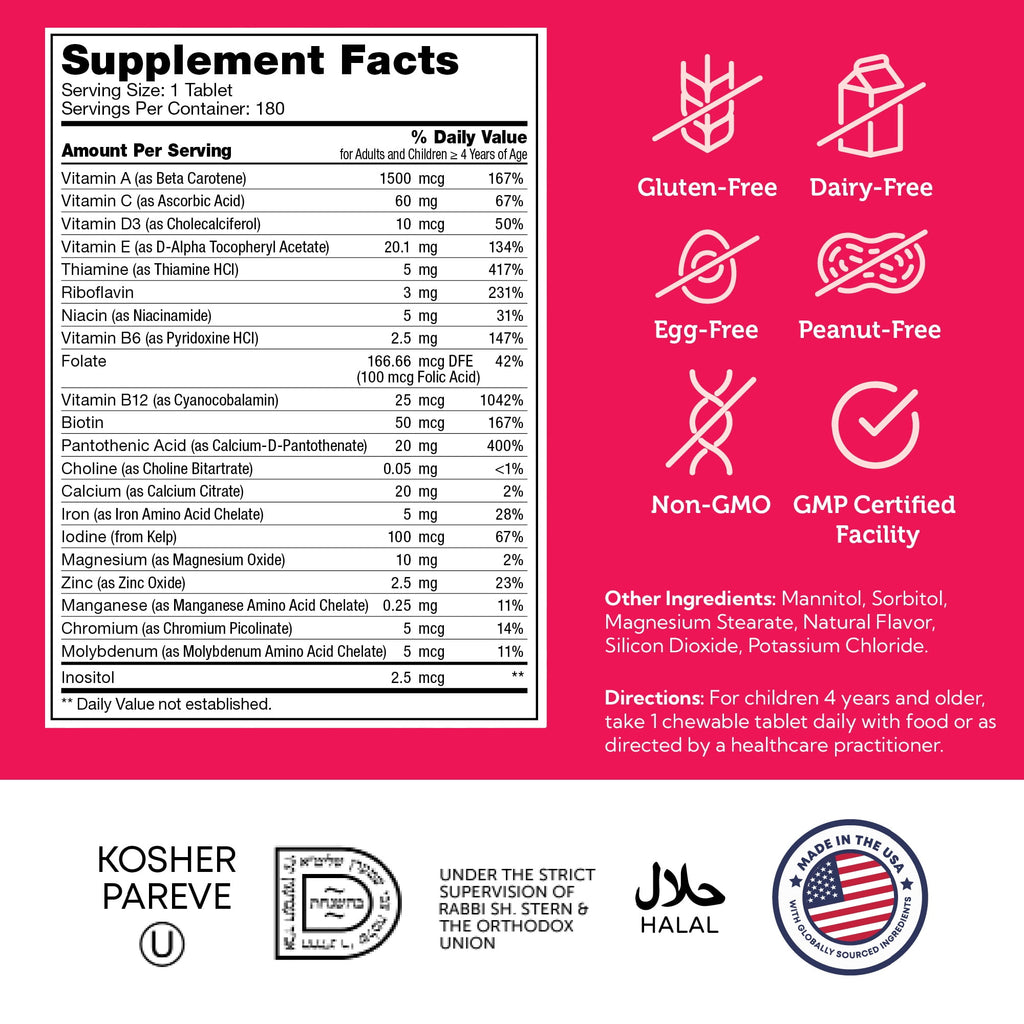 Zahler Kids Multivitamin Chewable Vitamin Tablet - Complete One Daily Kids Vitamins Supplement - Contains 20+ Minerals &amp; Vitamins for Kids &amp; Toddlers - Kosher Multivitamins Cherry Flavor (180)