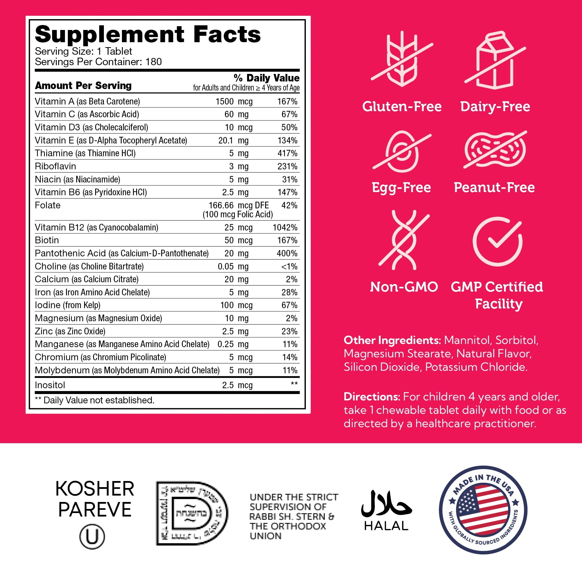 Zahler Kids Multivitamin Chewable Vitamin Tablet - Complete One Daily Kids Vitamins Supplement - Contains 20+ Minerals &amp; Vitamins for Kids &amp; Toddlers - Kosher Multivitamins Cherry Flavor (180)