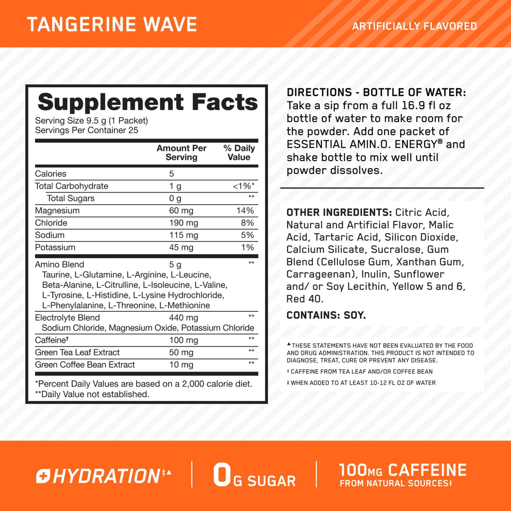 Optimum Nutrition Amino Energy Hydration Packets, On-The-Go Energy Powder Stick Packs, Tangerine Wave, 25 Count