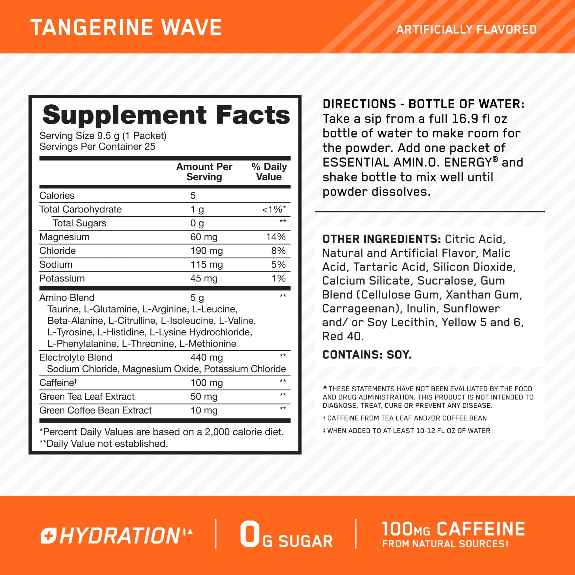 Optimum Nutrition Amino Energy Hydration Packets, On-The-Go Energy Powder Stick Packs, Tangerine Wave, 25 Count