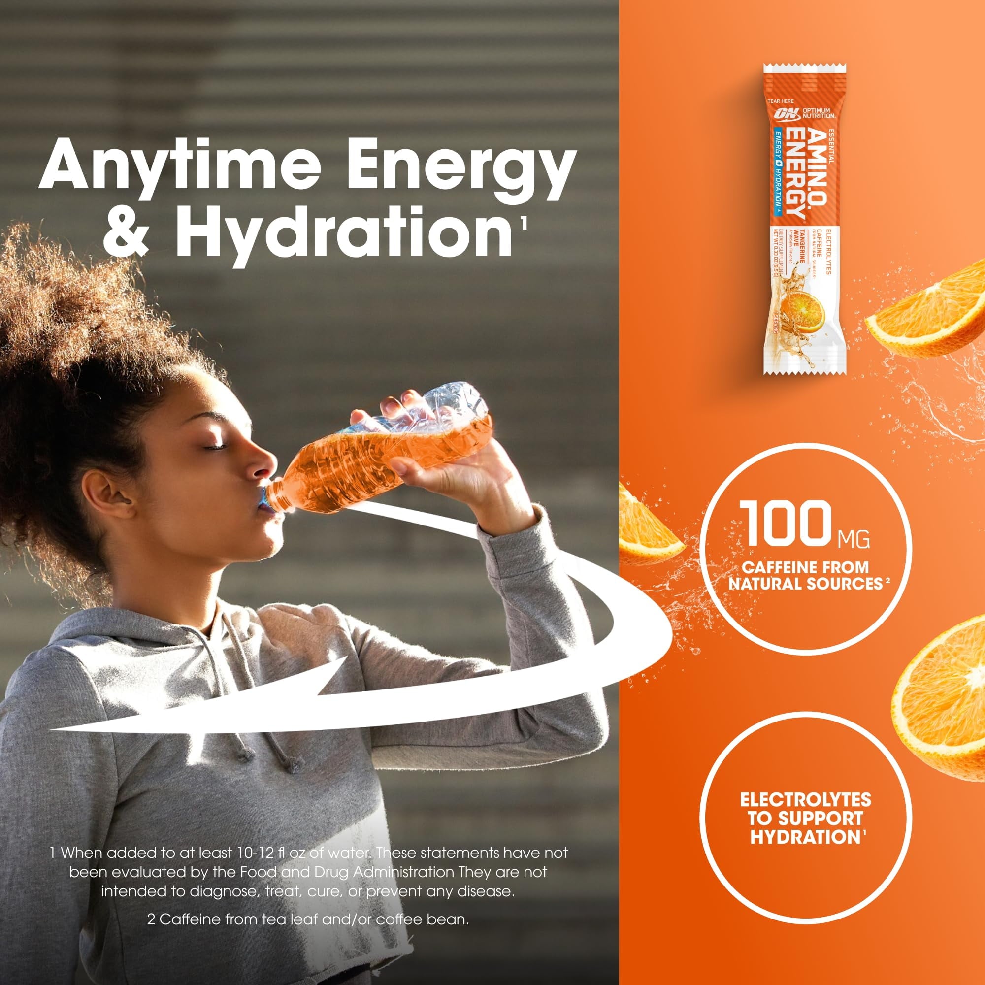 Optimum Nutrition Amino Energy Hydration Packets, On-The-Go Energy Powder Stick Packs, Tangerine Wave, 25 Count