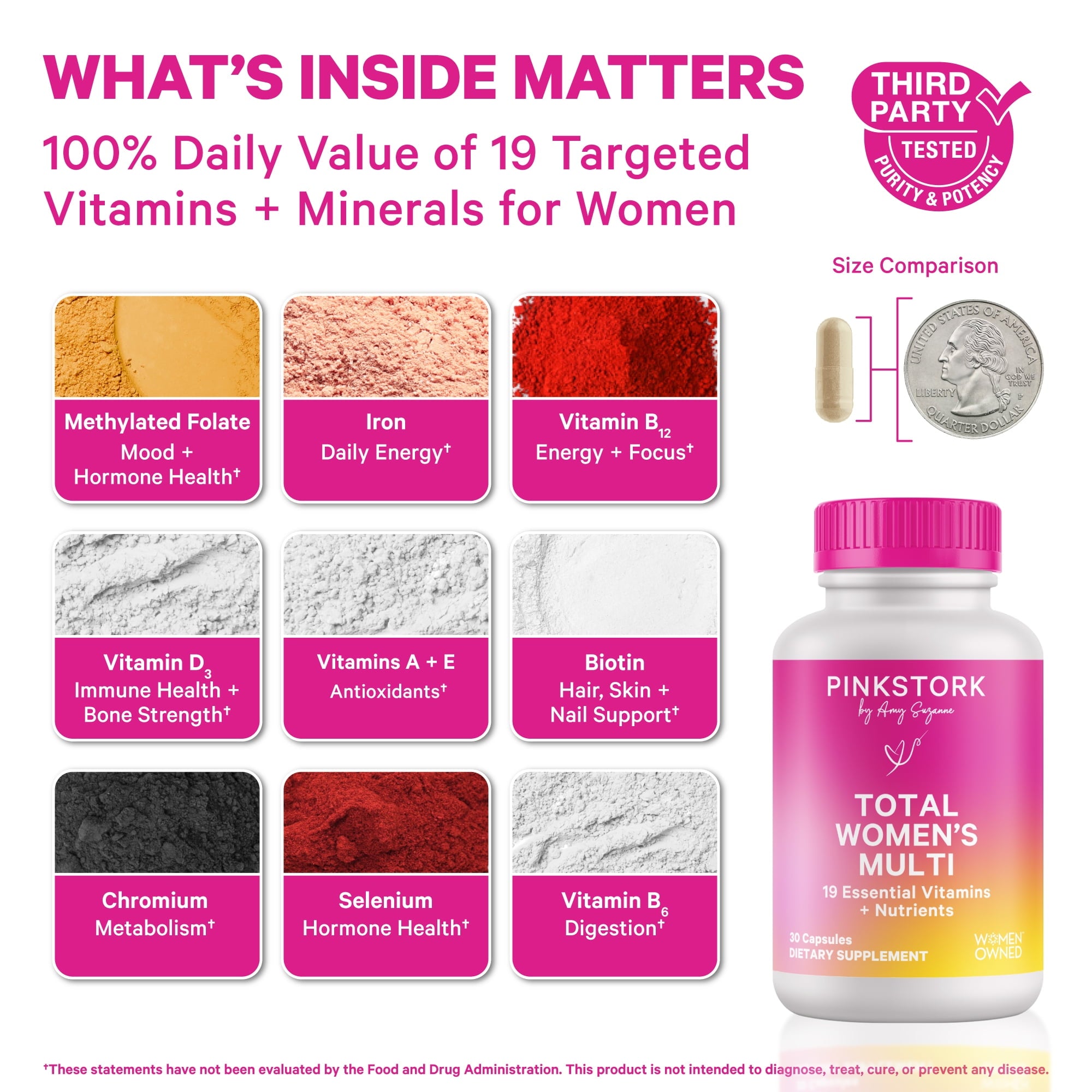 Pink Stork Women's Multivitamin with Folic Acid, Biotin, Vitamin D for Immune, Digestion &amp; Energy - 60 Capsules
