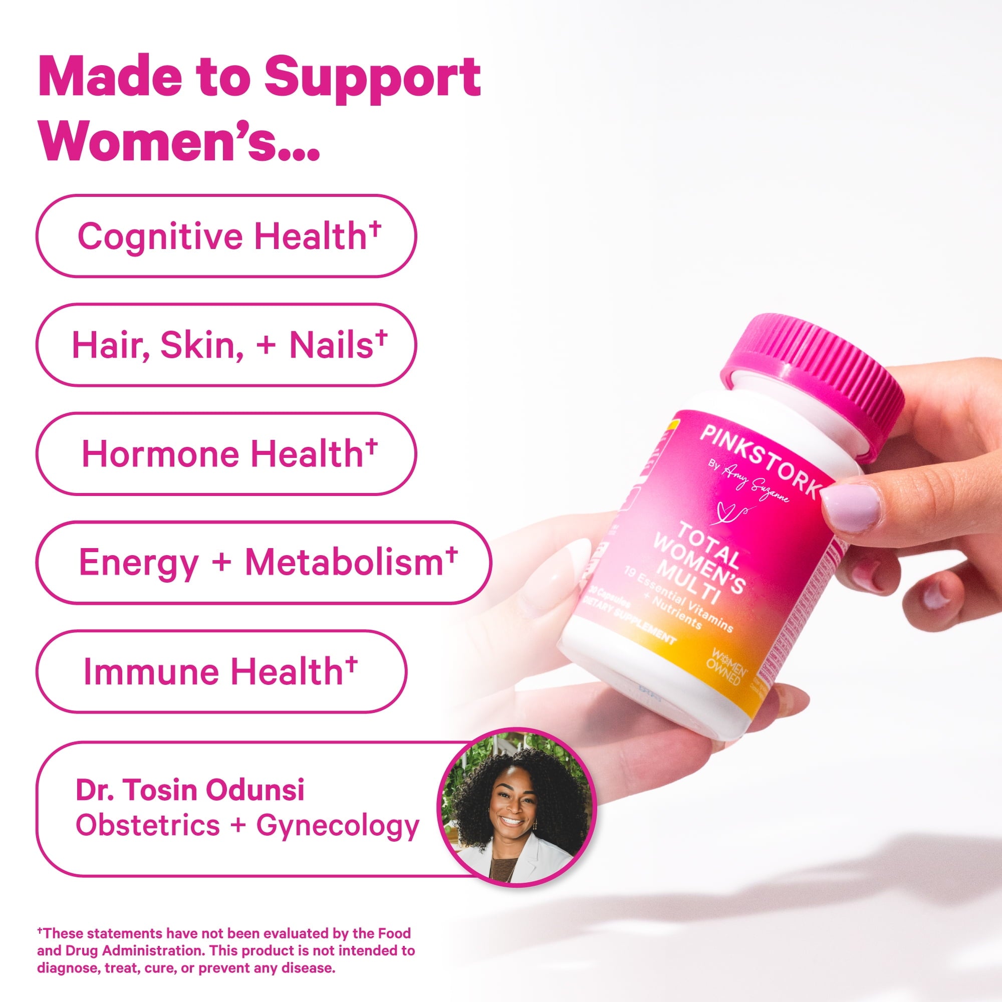 Pink Stork Women's Multivitamin with Folic Acid, Biotin, Vitamin D for Immune, Digestion &amp; Energy - 60 Capsules