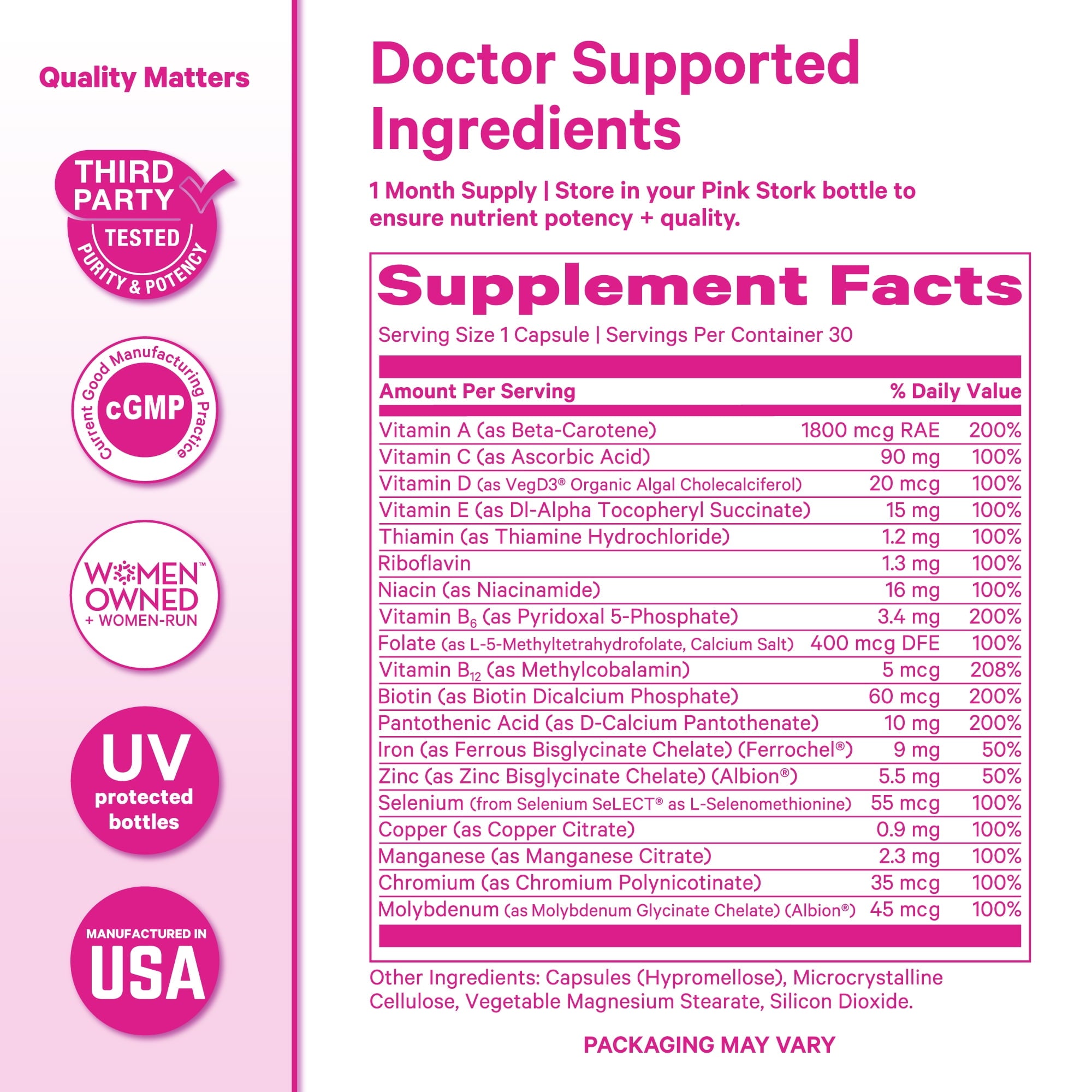 Pink Stork Women's Multivitamin with Folic Acid, Biotin, Vitamin D for Immune, Digestion &amp; Energy - 60 Capsules