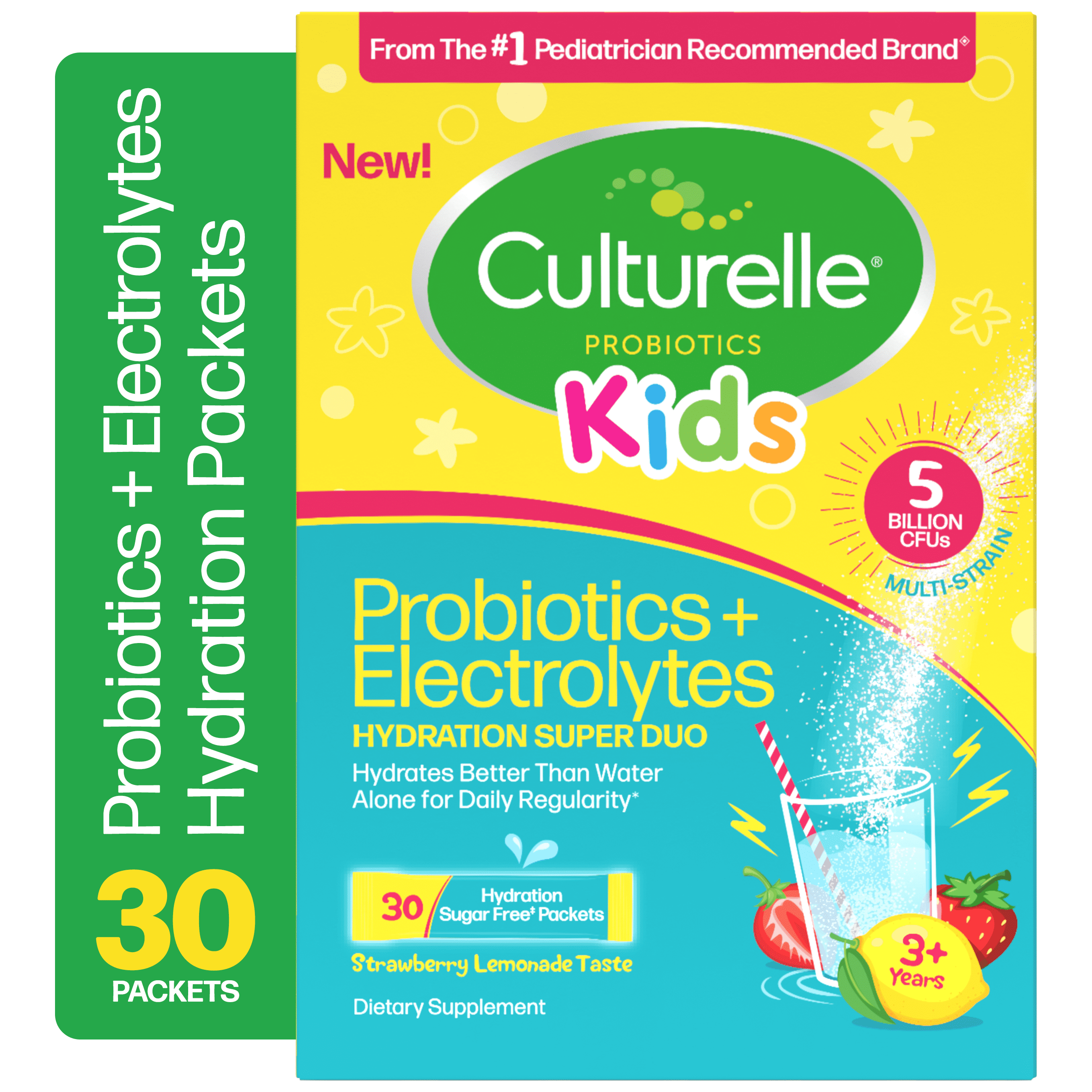 Culturelle Probiotics Kids Probiotic + Electrolytes Hydration Super Duo Daily Supplement, Digestive Regularity Support for Children, Strawberry Lemonade Flavor, 30 Packets