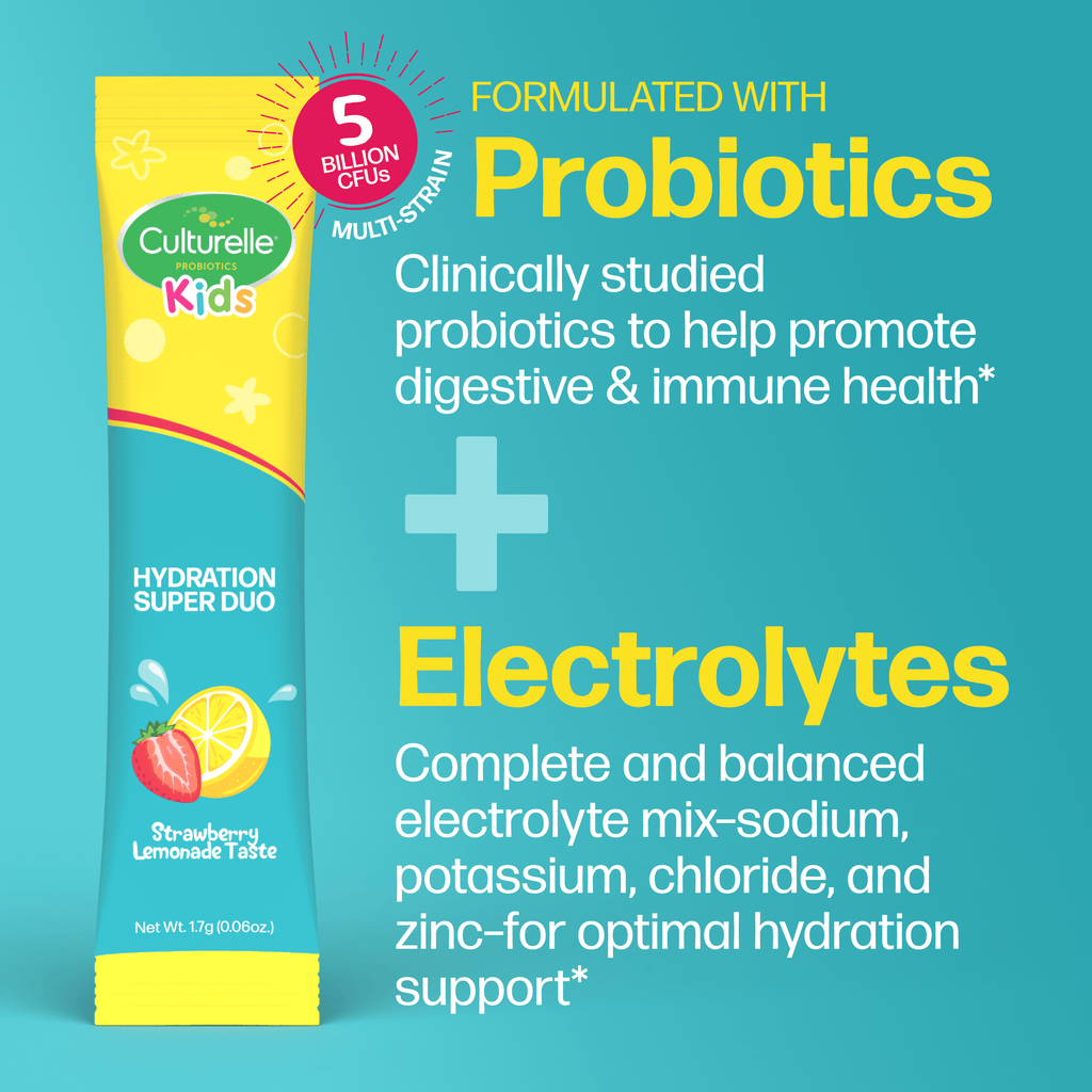 Culturelle Probiotics Kids Probiotic + Electrolytes Hydration Super Duo Daily Supplement, Digestive Regularity Support for Children, Strawberry Lemonade Flavor, 30 Packets