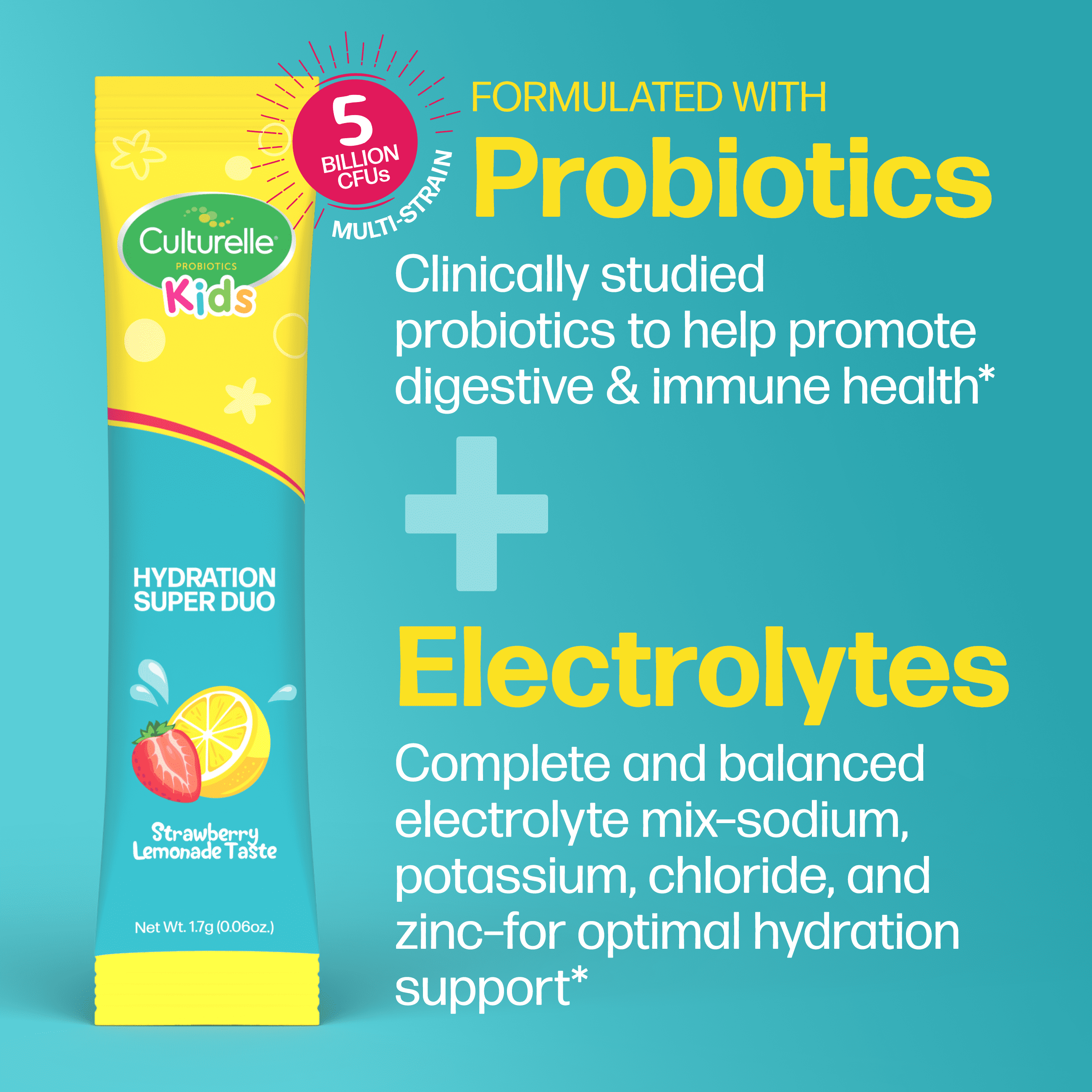 Culturelle Probiotics Kids Probiotic + Electrolytes Hydration Super Duo Daily Supplement, Digestive Regularity Support for Children, Strawberry Lemonade Flavor, 30 Packets