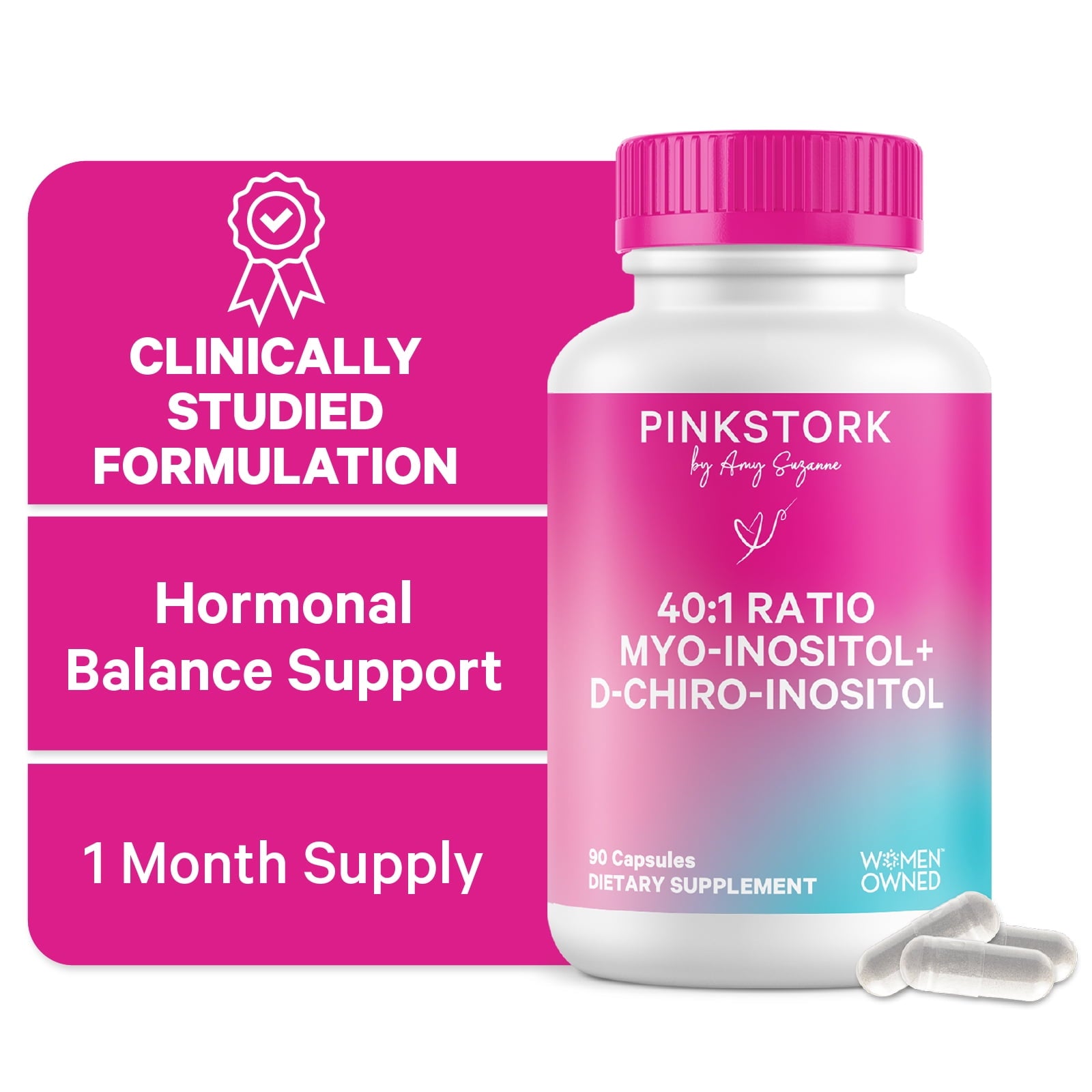 Pink Stork Hormone Harmony Supplement, Myo-Inositol &amp; D-Chiro Inositol, Ovarian Support, 90 Capsules