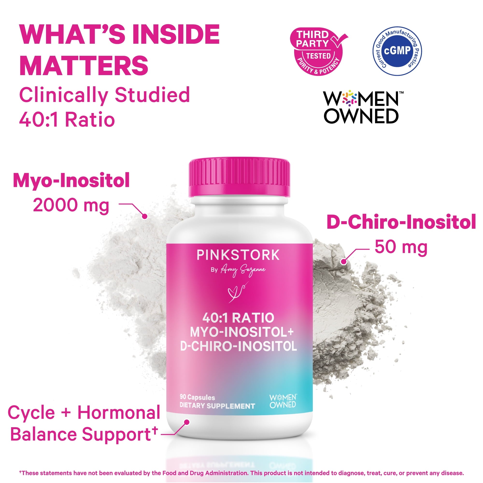 Pink Stork Hormone Harmony Supplement, Myo-Inositol &amp; D-Chiro Inositol, Ovarian Support, 90 Capsules