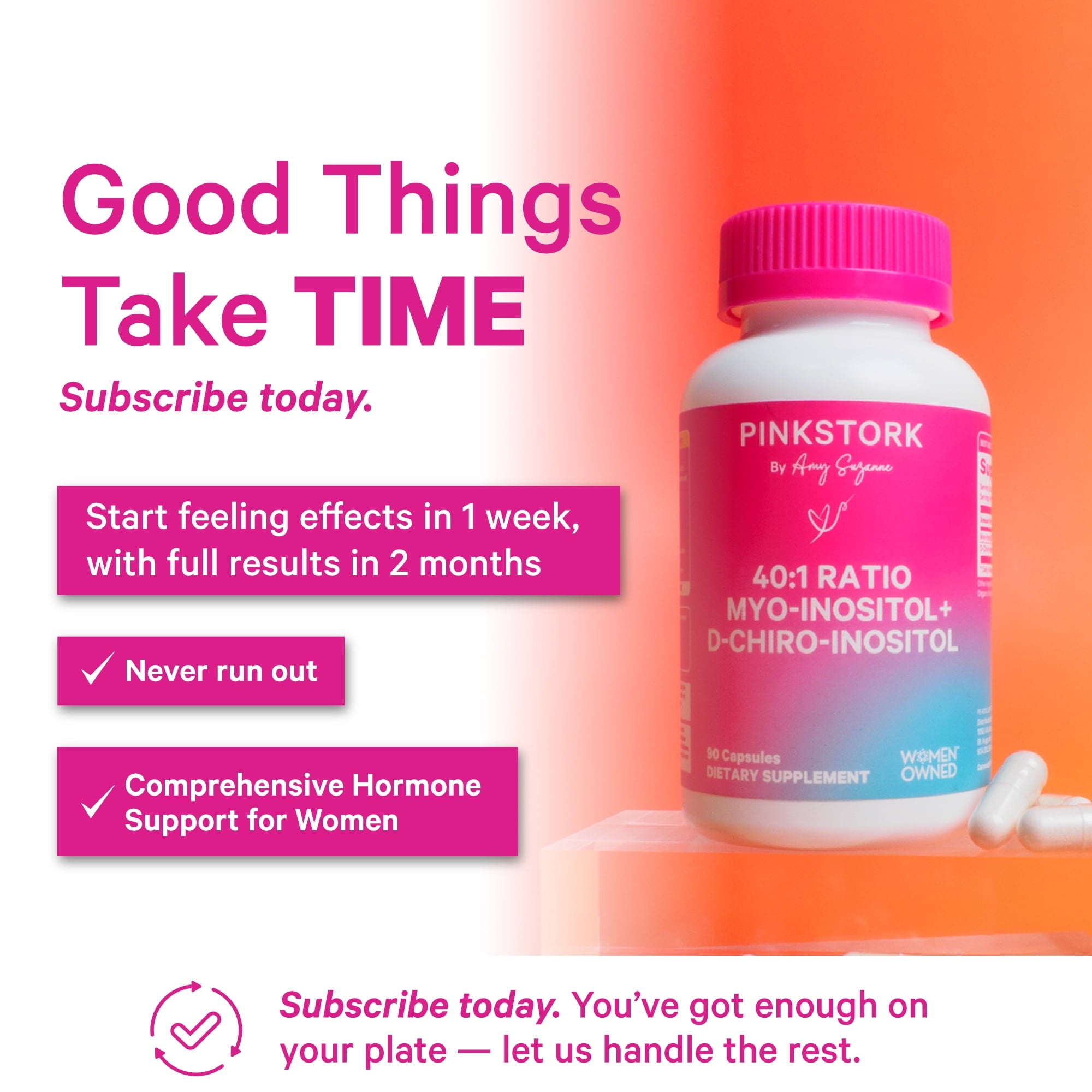 Pink Stork Hormone Harmony Supplement, Myo-Inositol &amp; D-Chiro Inositol, Ovarian Support, 90 Capsules