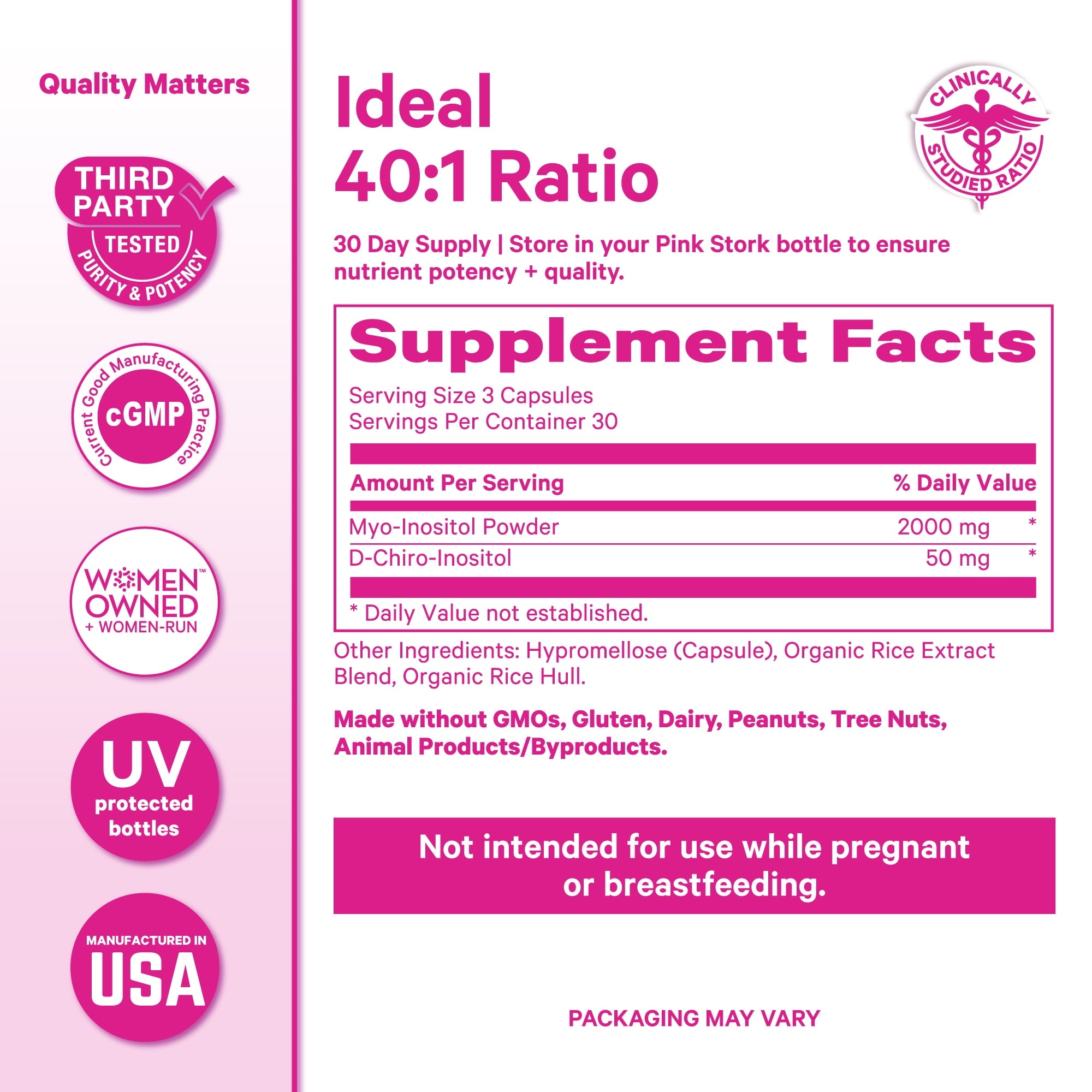 Pink Stork Hormone Harmony Supplement, Myo-Inositol &amp; D-Chiro Inositol, Ovarian Support, 90 Capsules