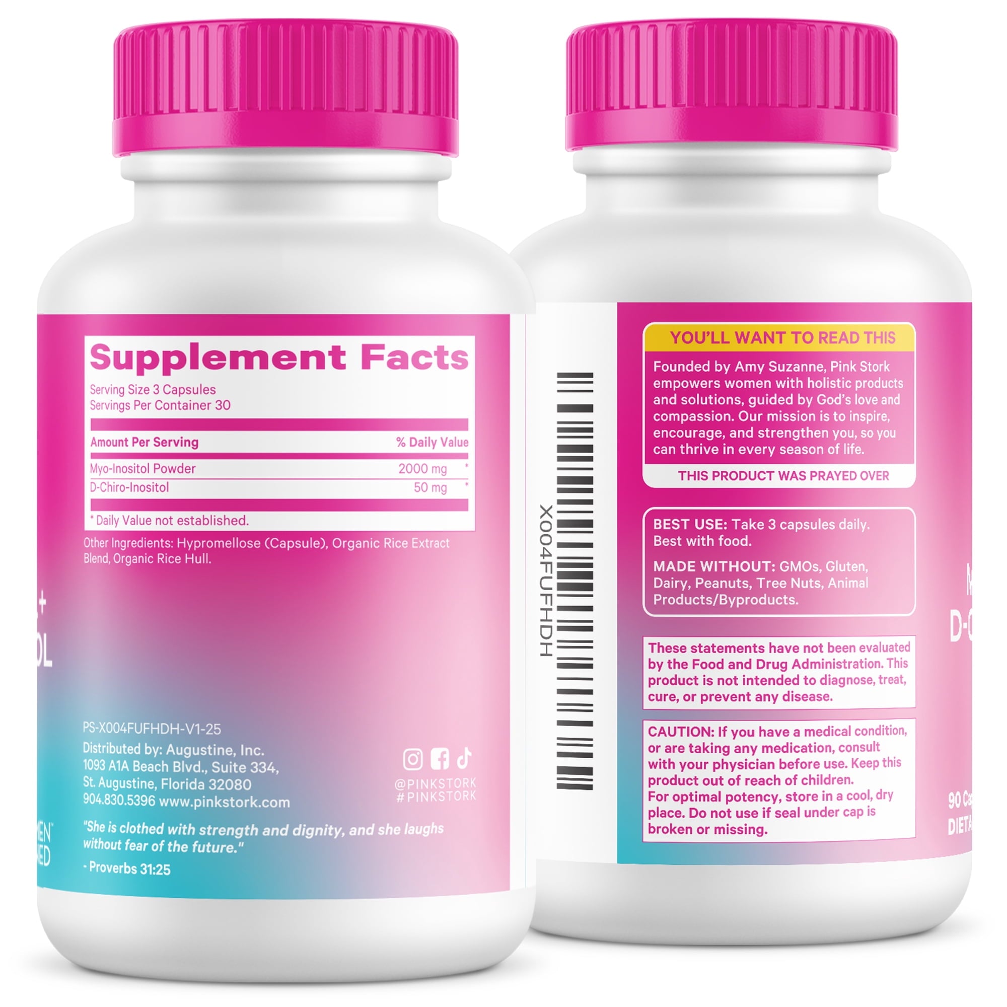 Pink Stork Hormone Harmony Supplement, Myo-Inositol &amp; D-Chiro Inositol, Ovarian Support, 90 Capsules