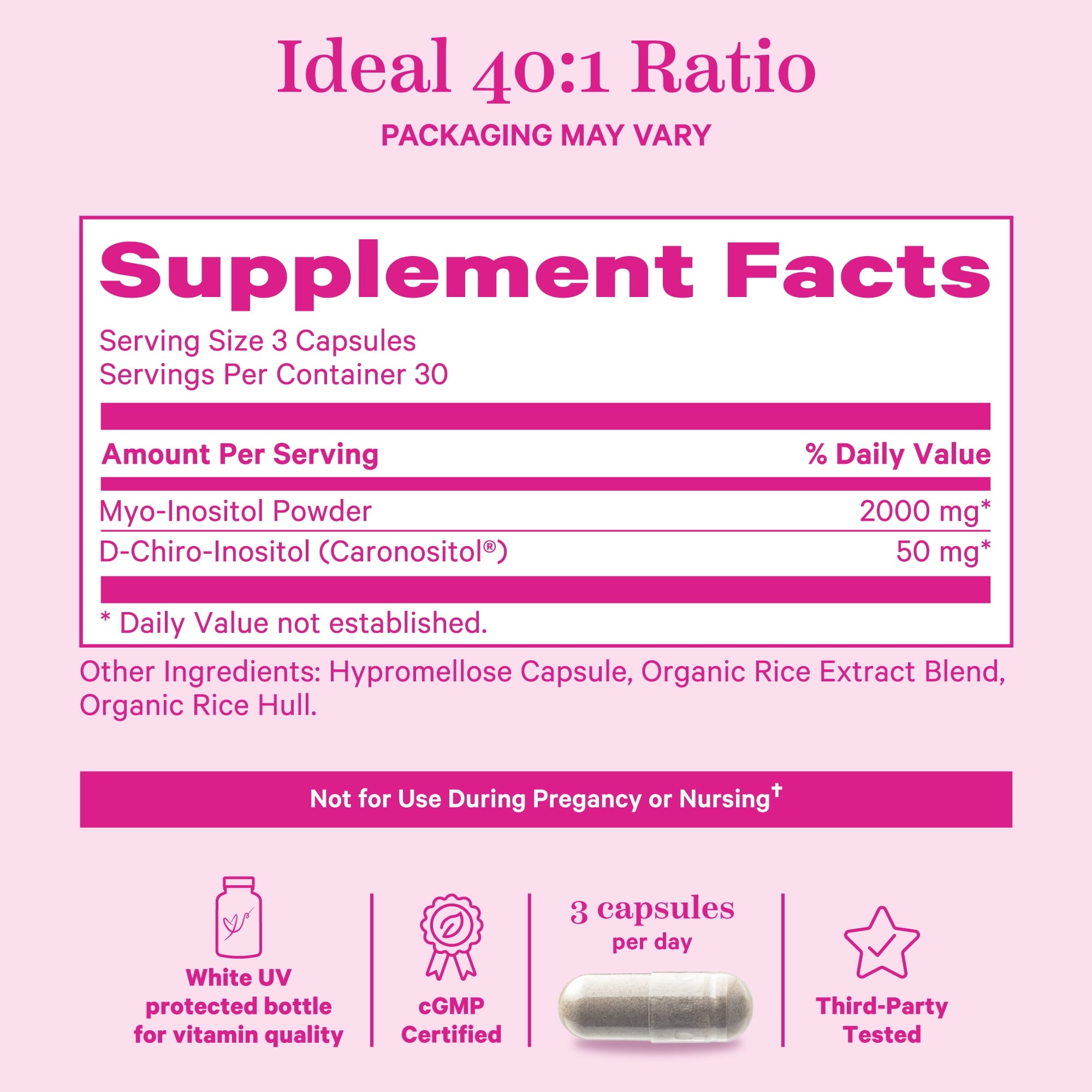 Pink Stork Hormone Harmony Supplement, Myo-Inositol &amp; D-Chiro Inositol, Ovarian Support, 90 Capsules