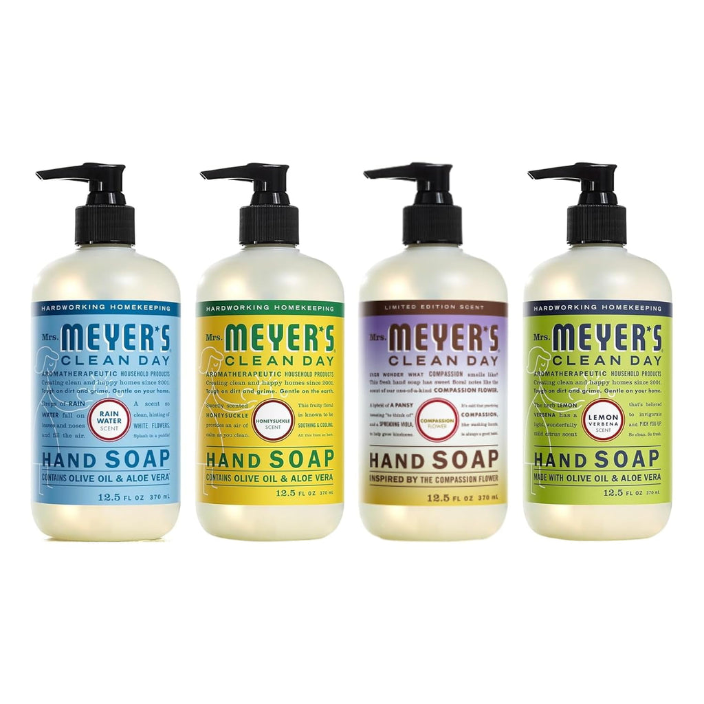 Mrs. Meyer’s Clean Day Liquid Hand Soap 4 Pack Variety, Honeysuckle, Rain Water, Compassion Flower, &amp; Lemon Verbena, 12.4 OZ Each, 1 CT Variety Pack